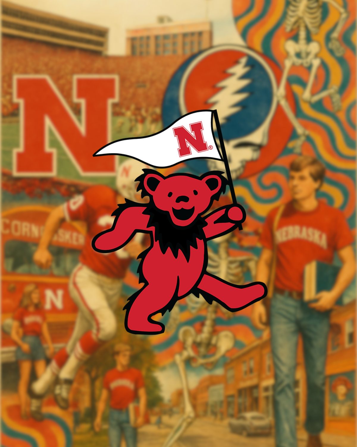 Nebraska Cornhuskers mascot bear holding N flag with retro college football art, Class Trip | Officially Licensed Collegiate Apparel
