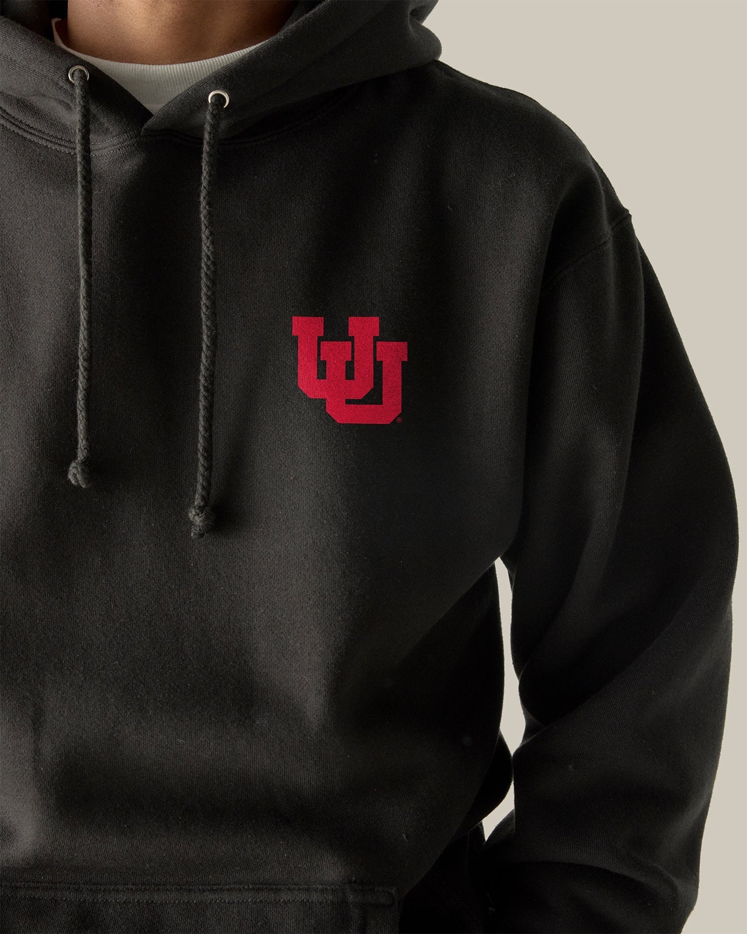 Black hoodie with red collegiate logo on chest, university apparel. Class Trip | Officially Licensed Collegiate Apparel