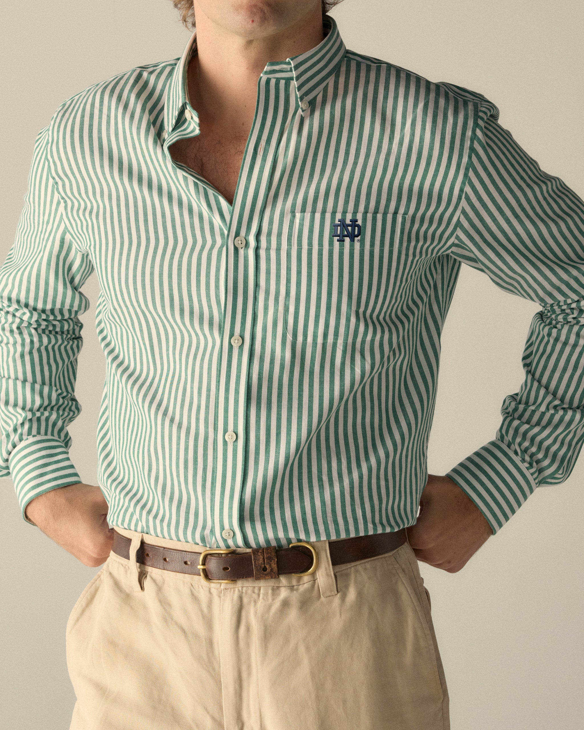 Men’s green and white striped button-down shirt with embroidered collegiate logo, khaki pants. Class Trip | Officially Licensed Collegiate Apparel