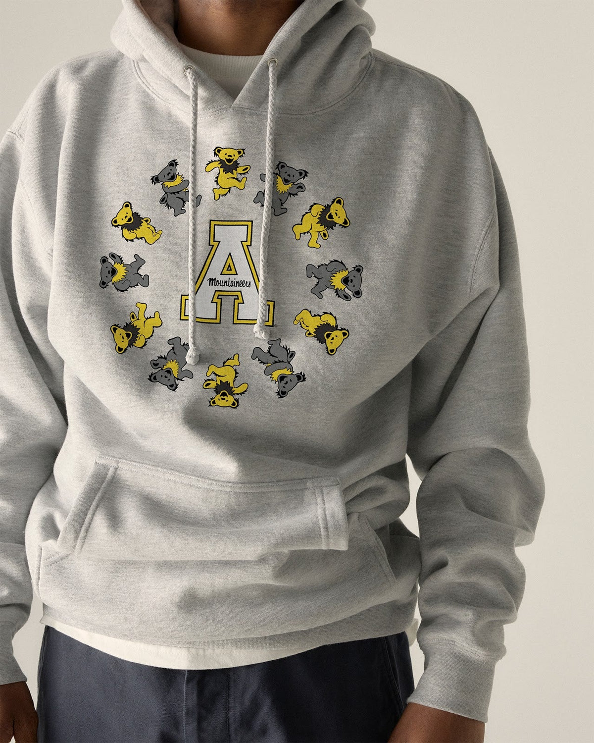 Model wearing the Heather Grey Appalachian State x Grateful Dead Circle Bears Hoodie, front view. Class Trip | Higher Education