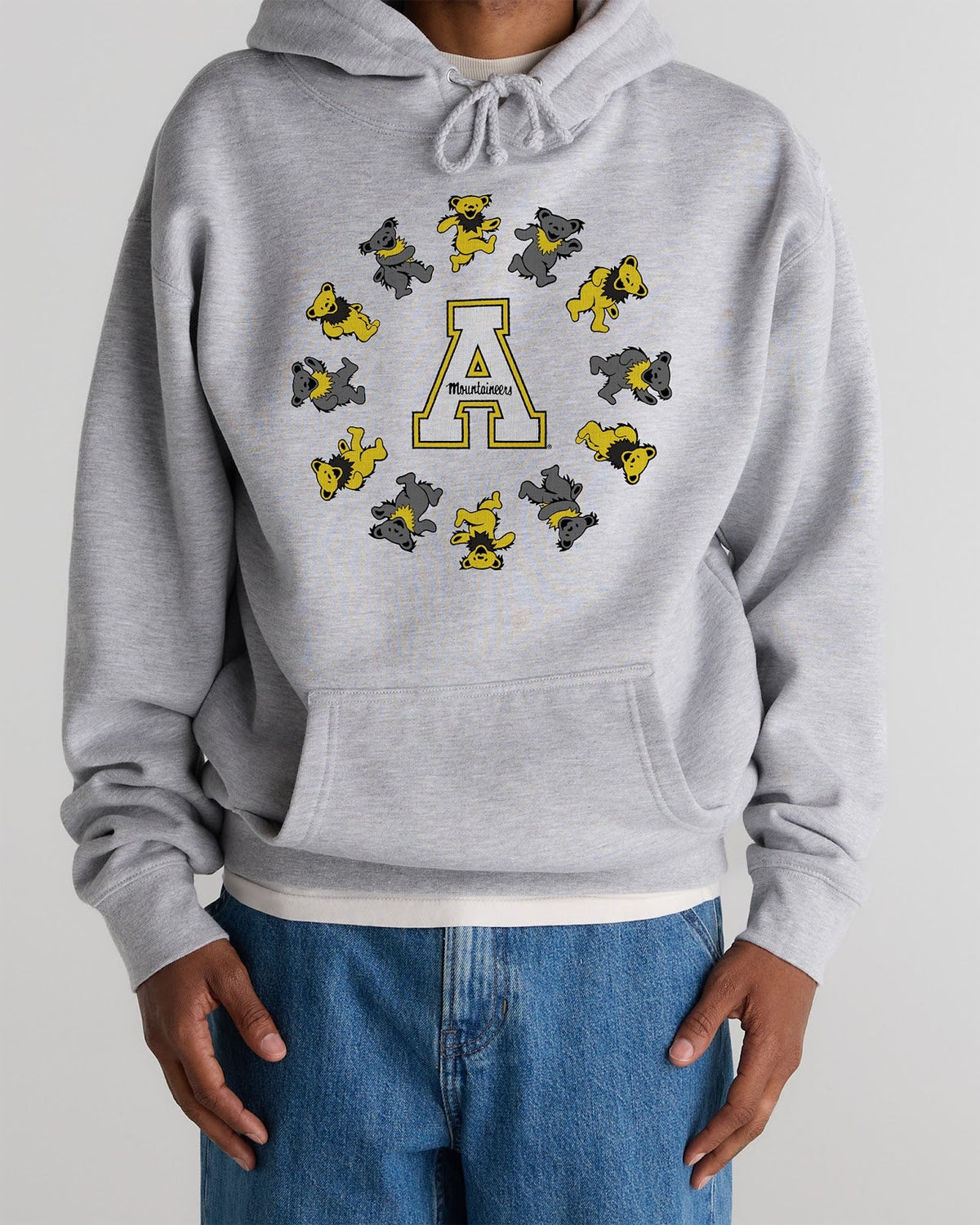 Model wearing the Heather Grey Appalachian State x Grateful Dead Circle Bears Hoodie, front view. Class Trip | Higher Education