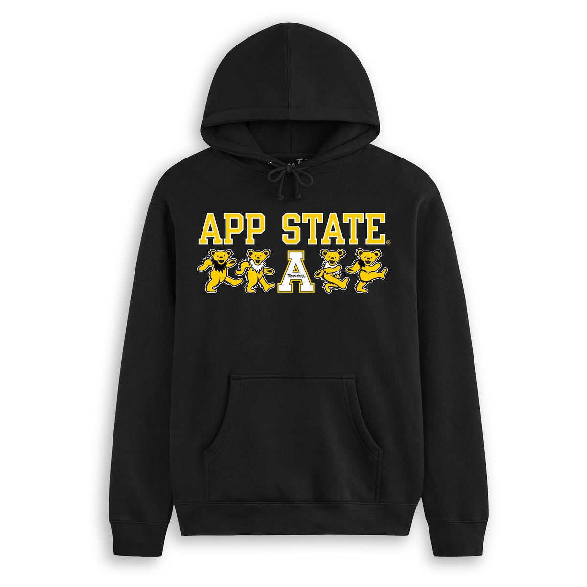 Front flat lay of the Black Appalachian State x Grateful Dead Mascot Bears Hoodie. Class Trip | Higher Education