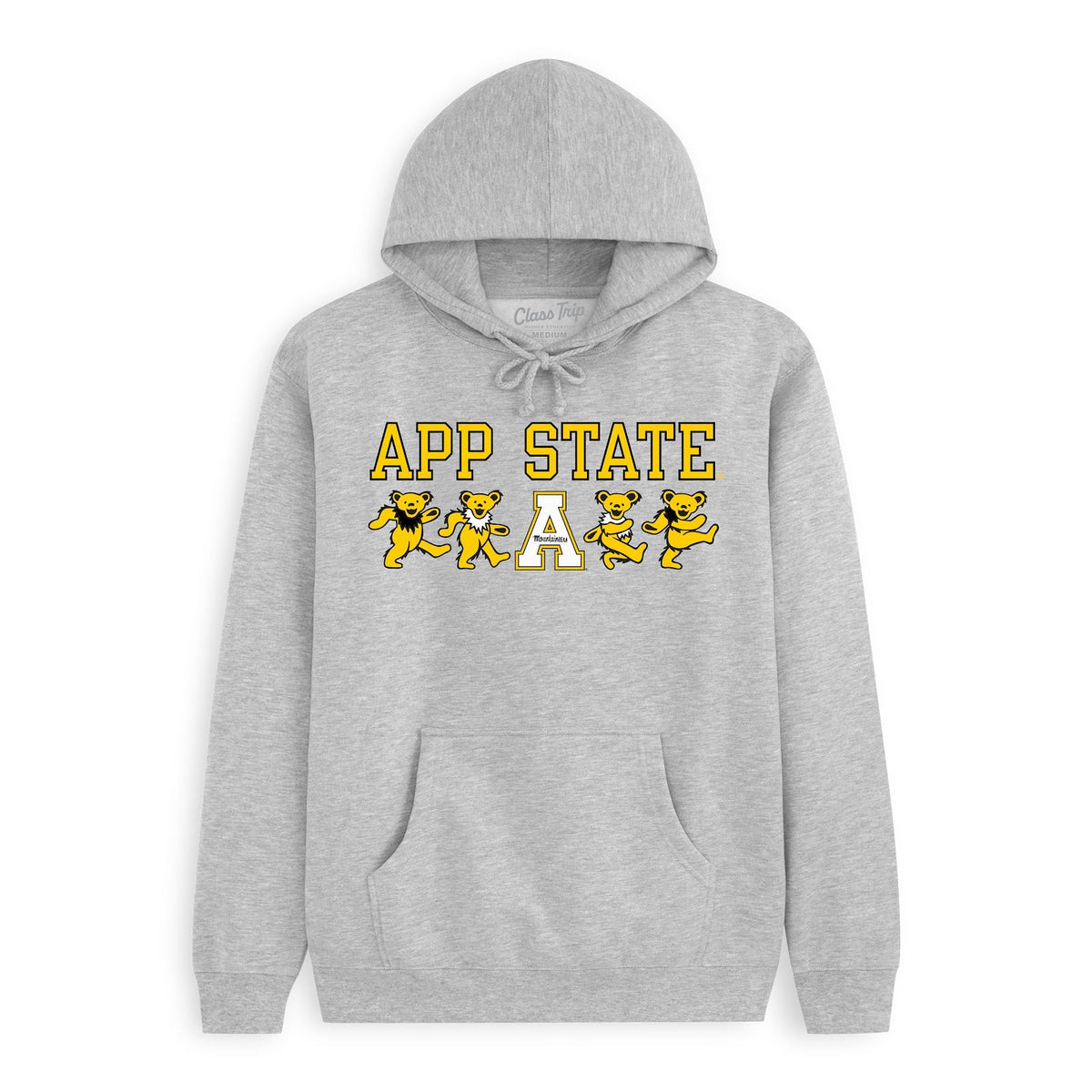 Front flat lay of the Heather Grey Appalachian State x Grateful Dead Mascot Bears Hoodie. Class Trip | Higher Education