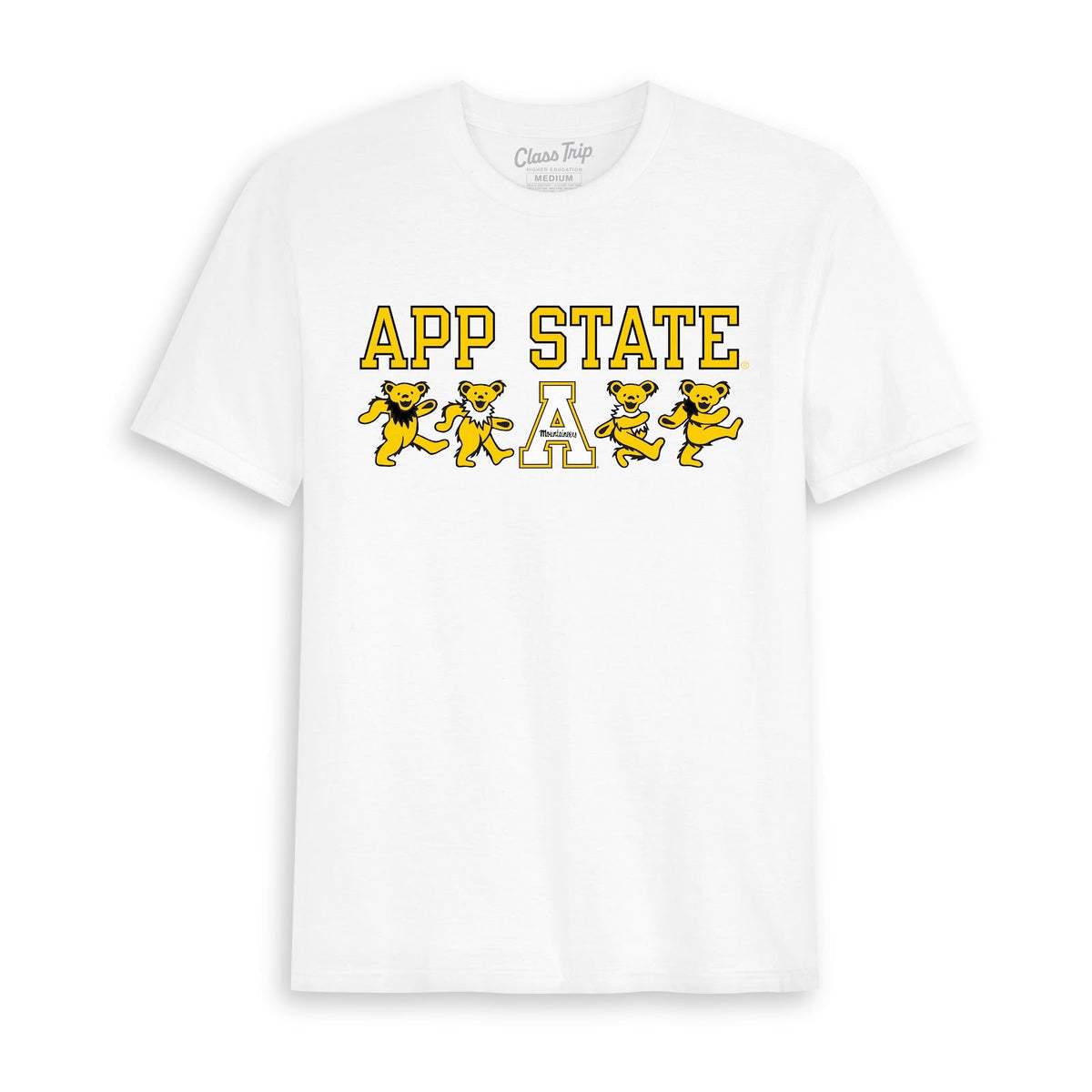 Front flat lay of the White Appalachian State x Grateful Dead Mascot Bears Tee. Class Trip | Higher Education