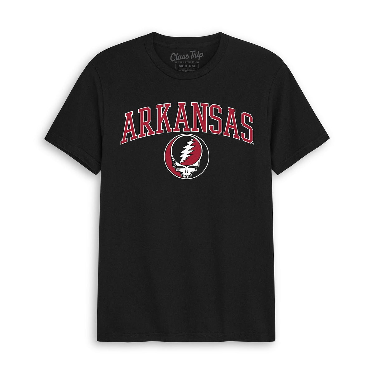 Front flat lay of the Black Arkansas x Grateful Dead Arch SYF Tee. Class Trip | Higher Education