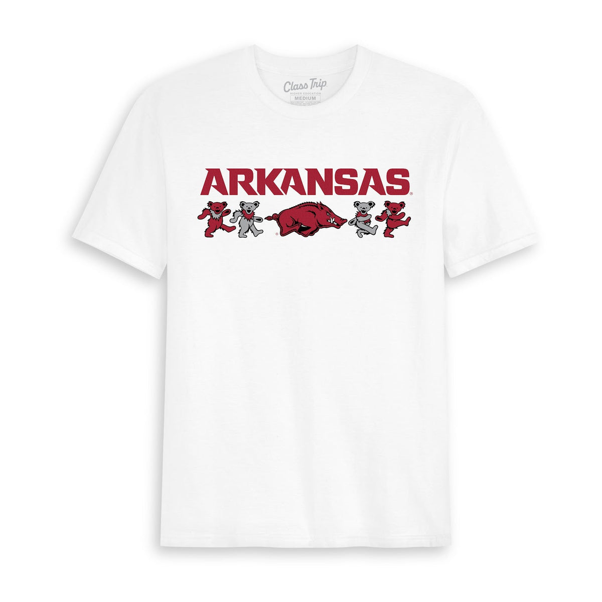 Front flat lay of the White Arkansas x Grateful Dead Mascot Bears Tee. Class Trip | Higher Education