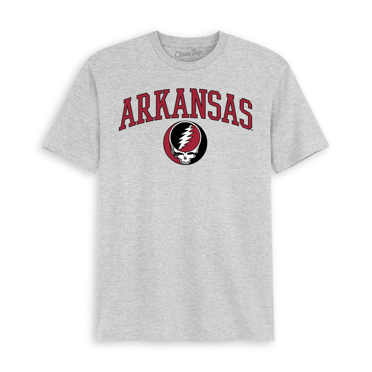Front flat lay of the Heather Grey Arkansas x Grateful Dead Arch SYF Tee. Class Trip | Higher Education