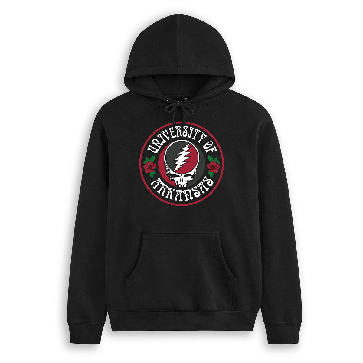 Front flat lay of the Black Arkansas x Grateful Dead Run For The Roses Hoodie. Class Trip | Higher Education