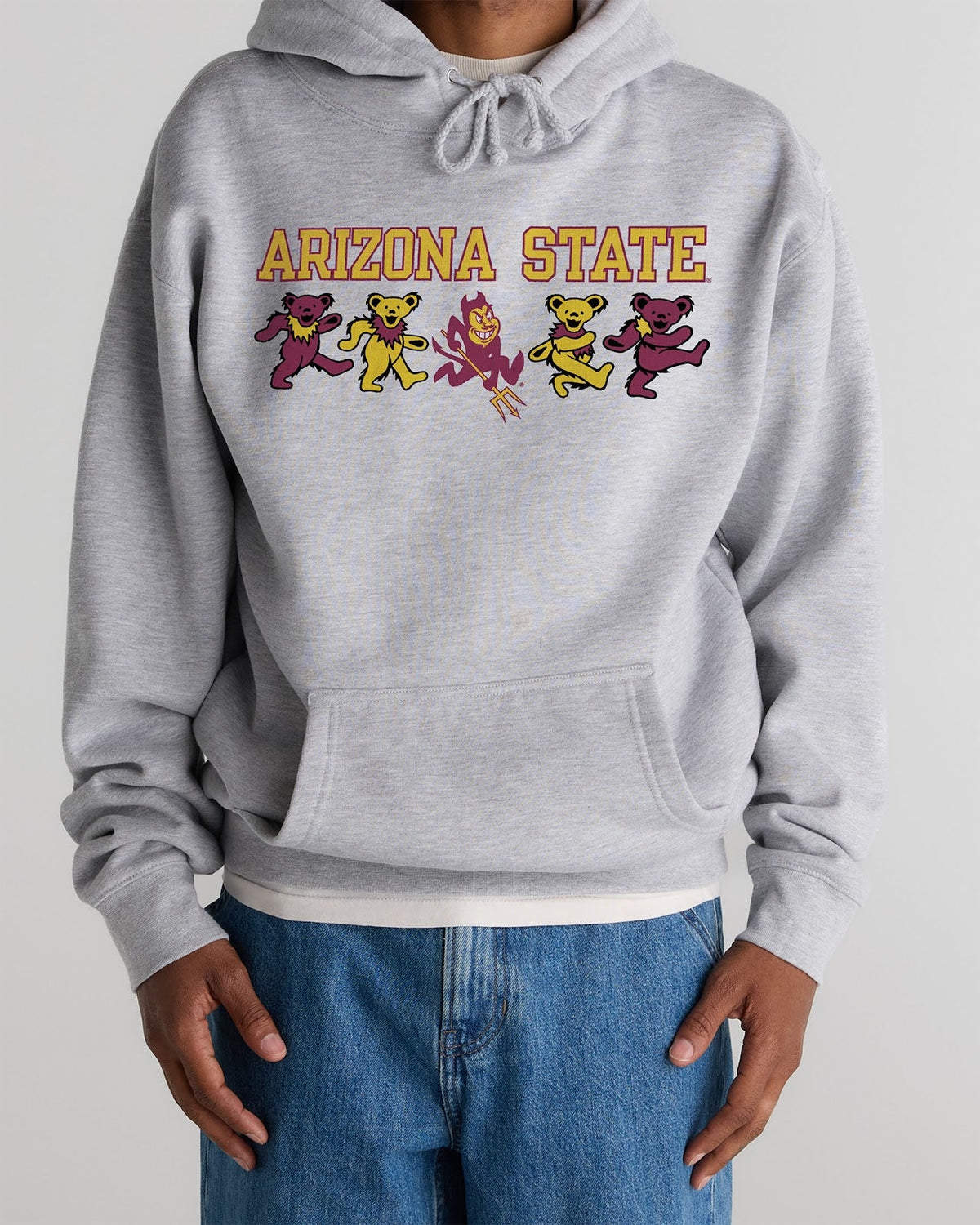Model wearing the Heather Grey Arizona State x Grateful Dead Mascot Bears Hoodie, front view. Class Trip | Higher Education