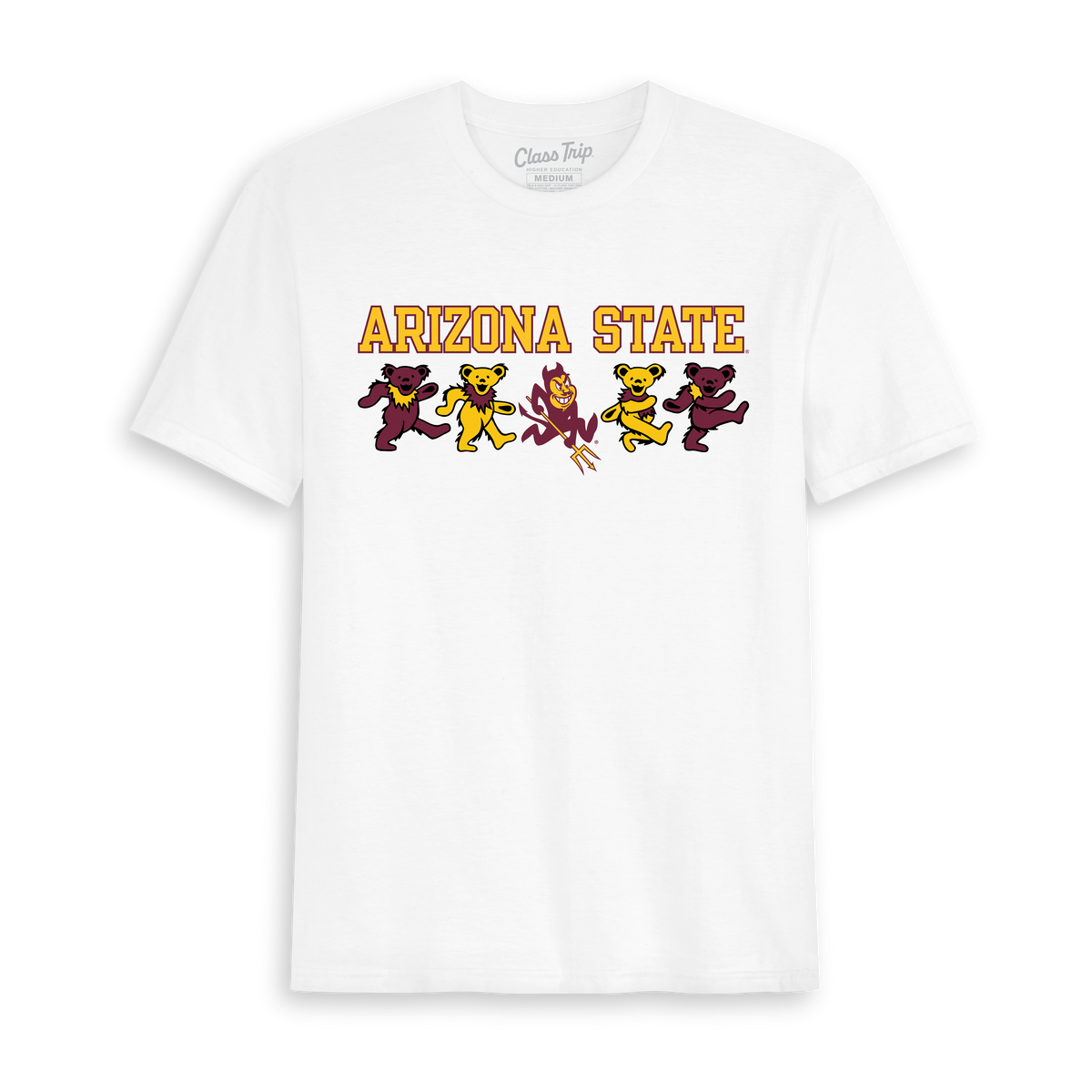 White Class Trip t-shirt featuring Arizona State text and dancing bears. Arizona State x Grateful Dead Mascot Bears Tee Class Trip | Higher Education
