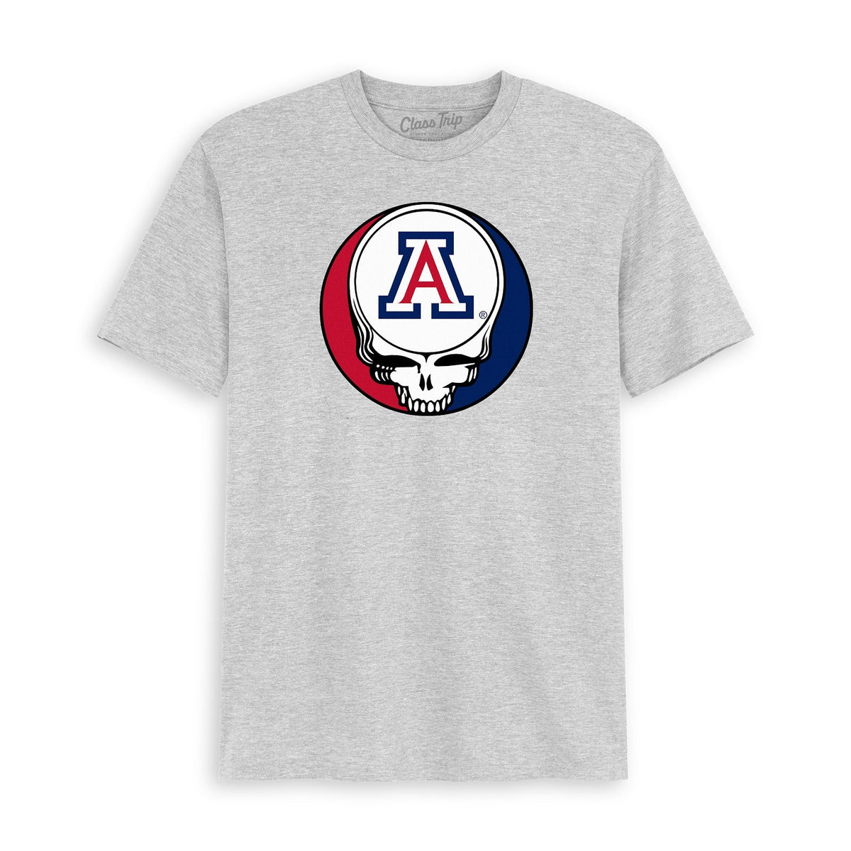 Front flat lay of the Heather Grey Arizona x Grateful Dead Steal Your Face Tee. Class Trip | Higher Education