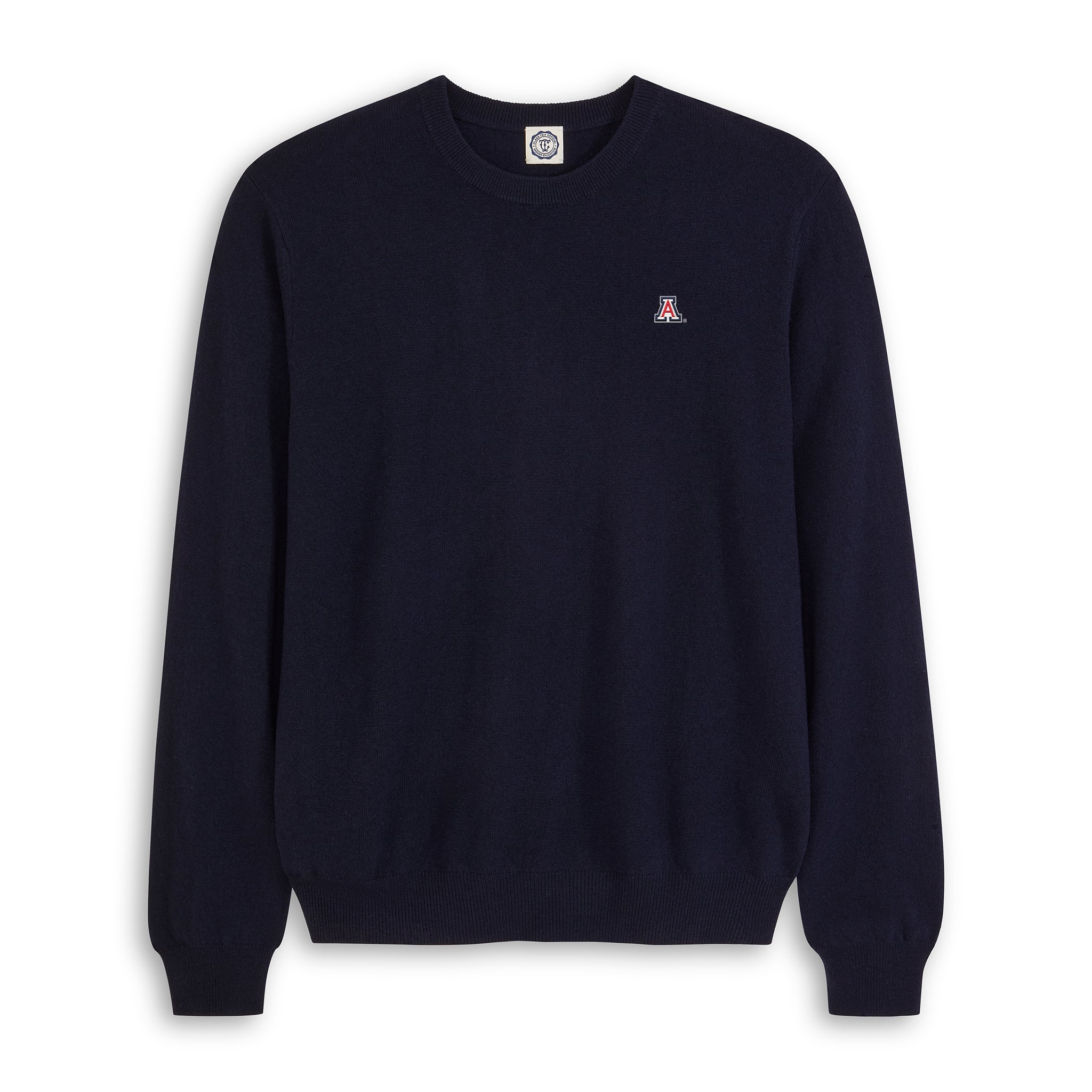 Men's navy merino wool crewneck sweater with university logo patch, Class Trip | Officially Licensed Collegiate Apparel