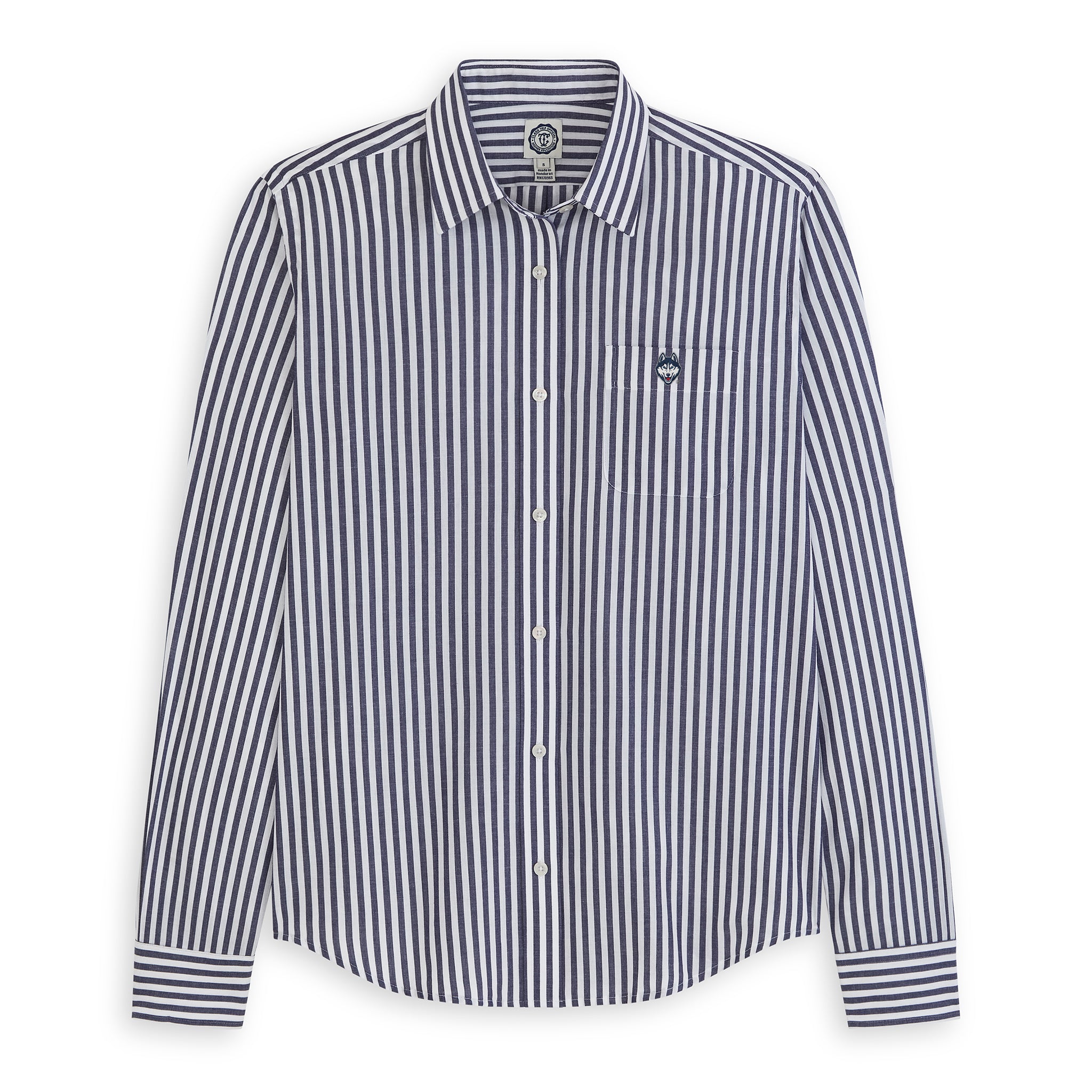 Women's navy stripe poplin button-down shirt with collegiate logo on chest pocket. Class Trip | Officially Licensed Collegiate Apparel