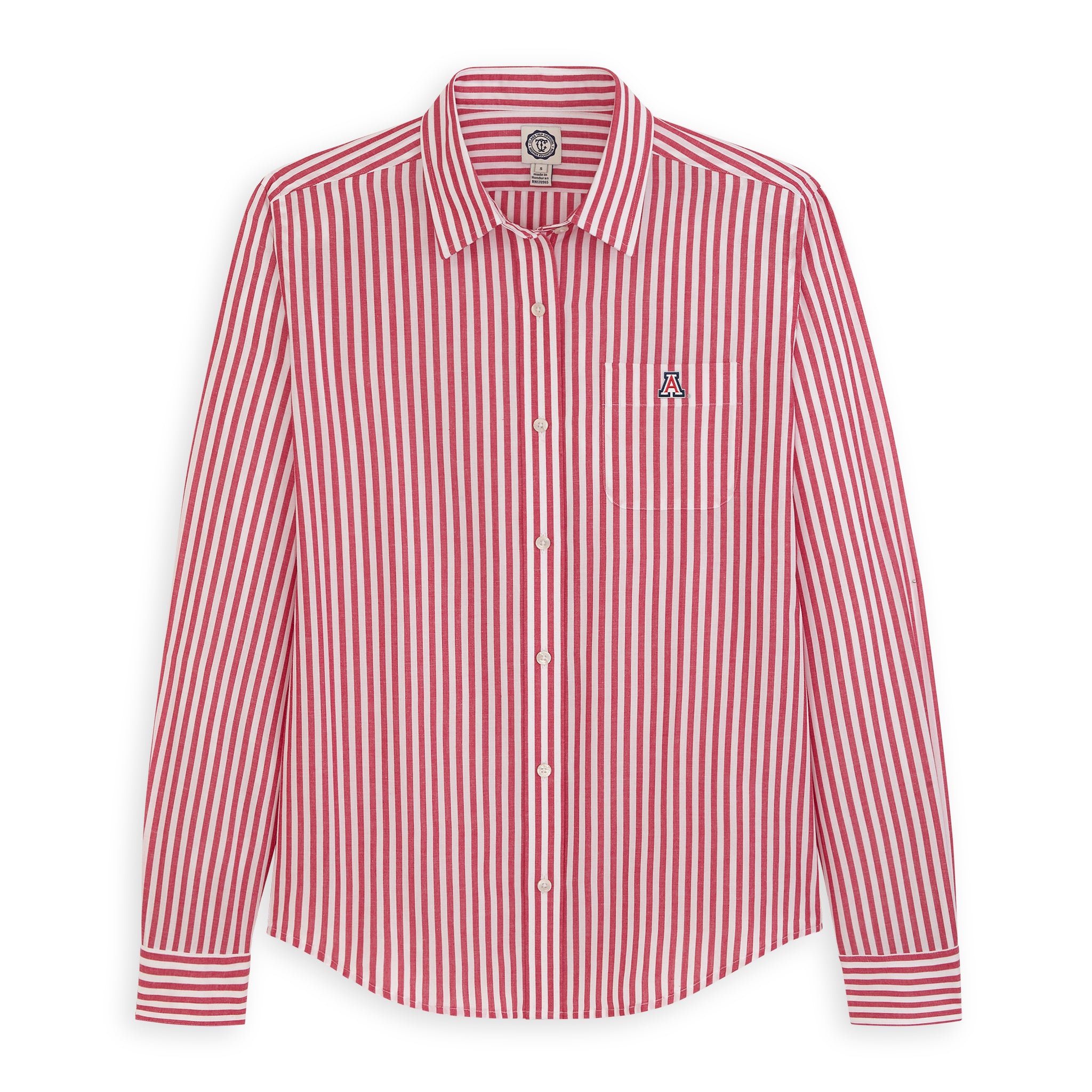 Women's red and white striped poplin button-up shirt with collegiate A logo on pocket. Class Trip | Officially Licensed Collegiate Apparel