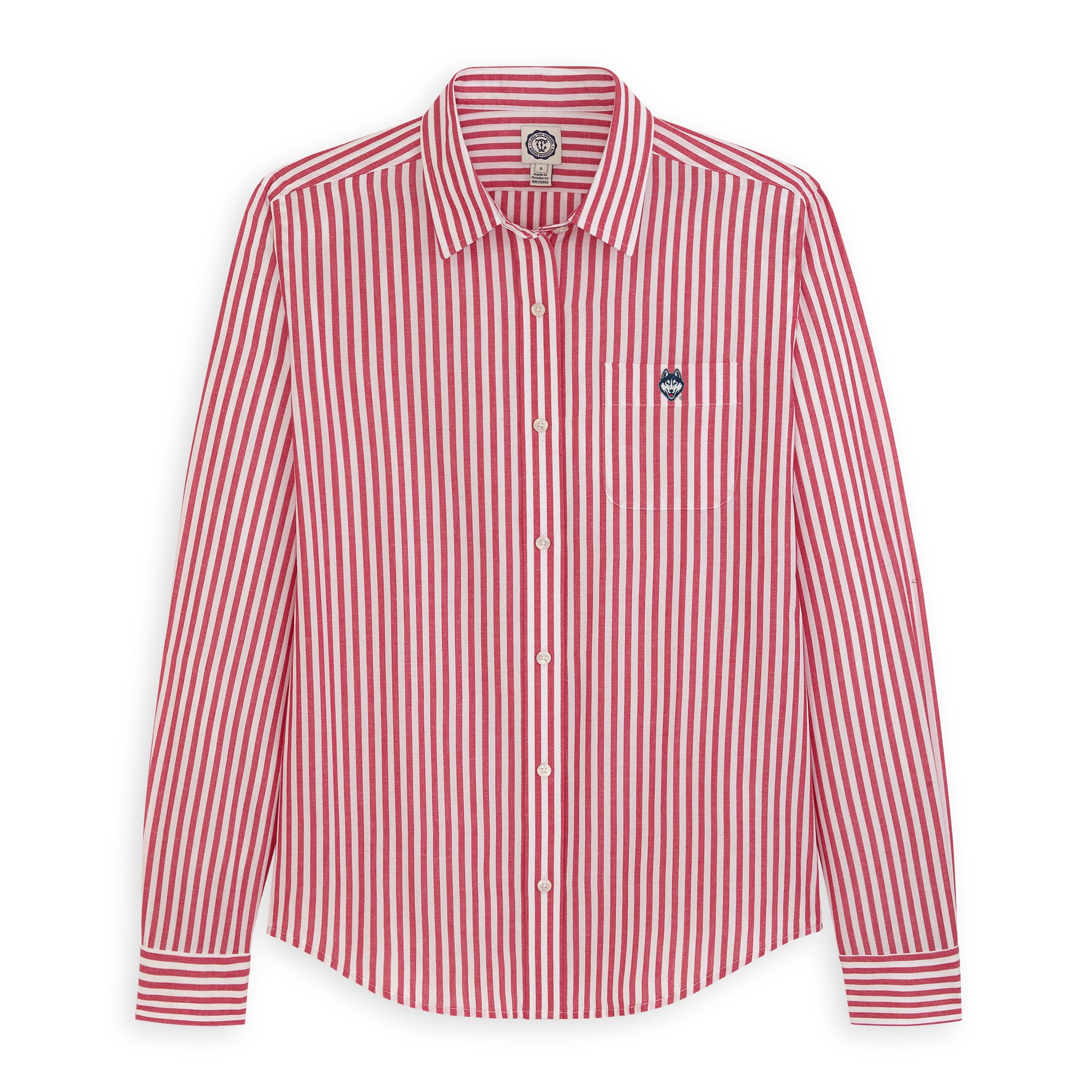 Women's red and white striped poplin button-up shirt with embroidered collegiate logo, long sleeves. Class Trip | Officially Licensed Collegiate Apparel