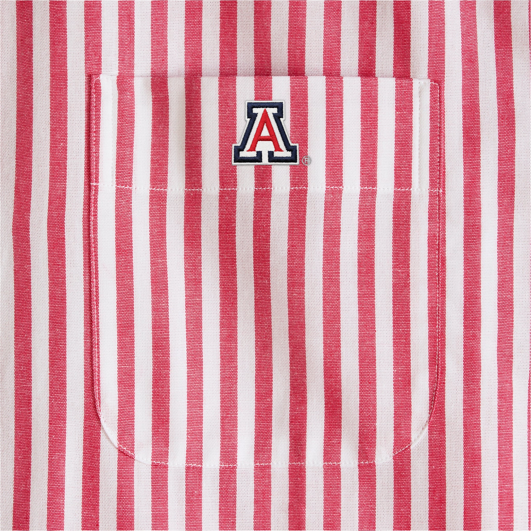 Red and white striped women's poplin shirt pocket with collegiate logo, Class Trip | Officially Licensed Collegiate Apparel