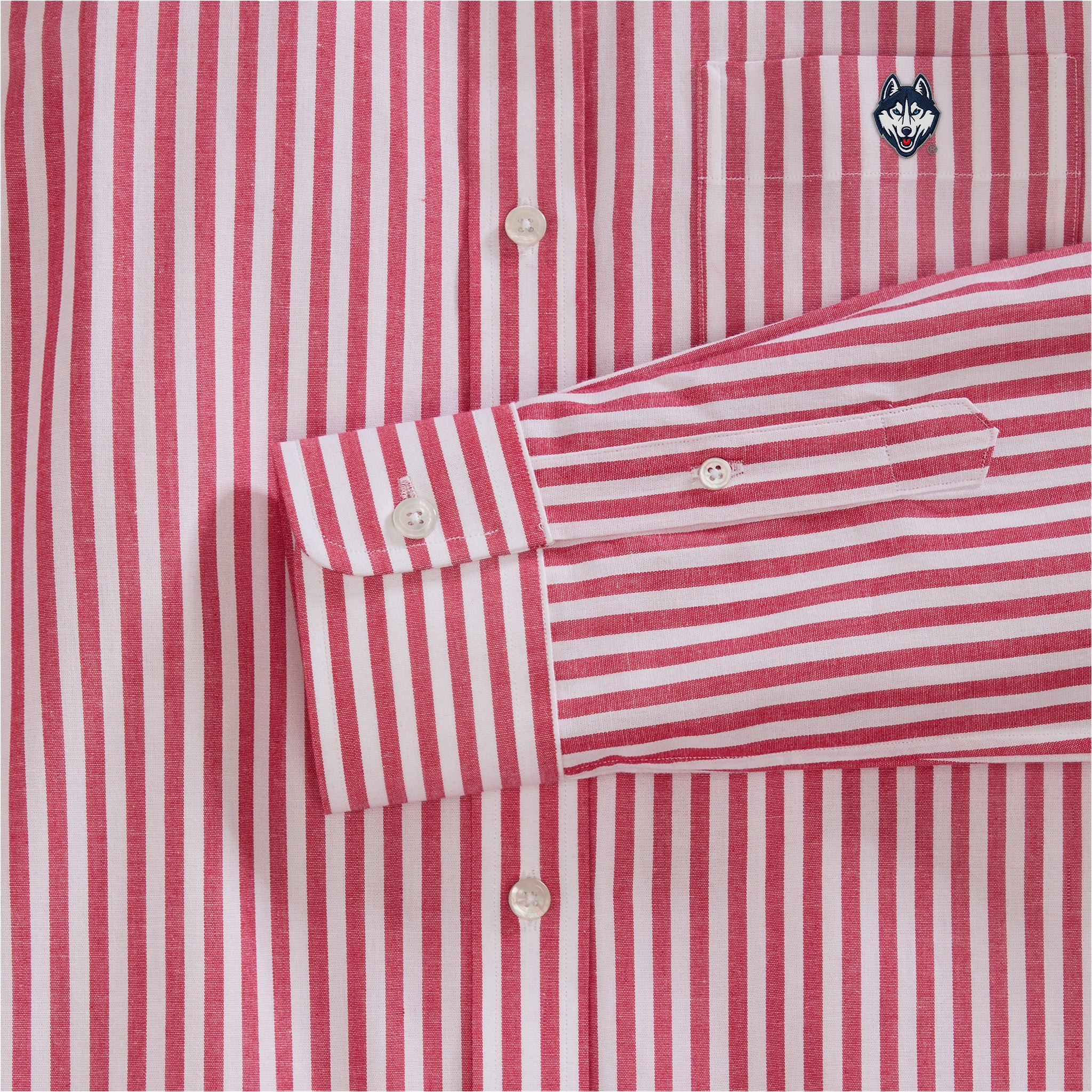 Red and white striped women's poplin shirt with a collegiate logo on the pocket, Class Trip | Officially Licensed Collegiate Apparel
