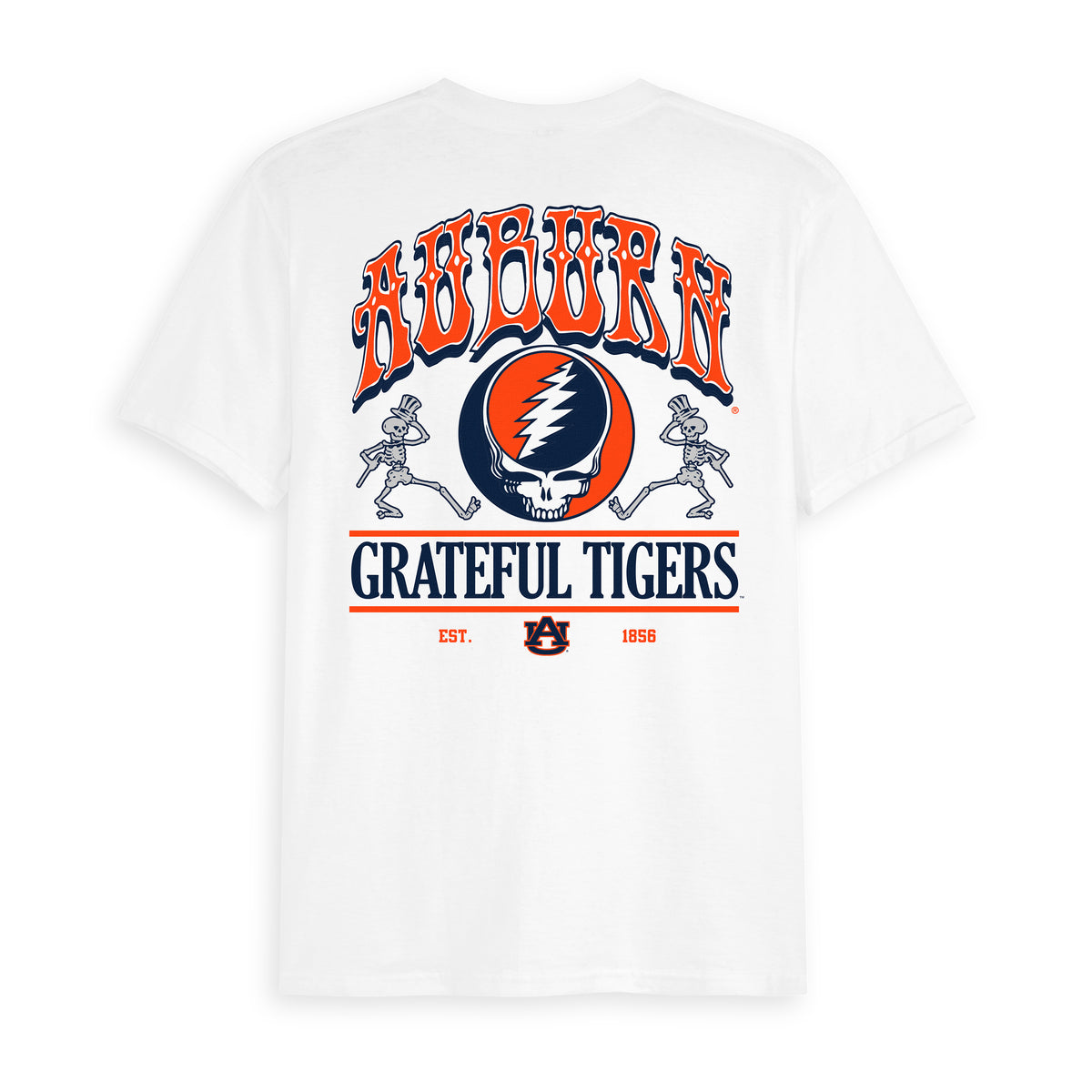 Back of a white Class Trip tee with Auburn x Grateful Dead graphic. Auburn x Grateful Dead Shakedown Tee Class Trip | Higher Education
