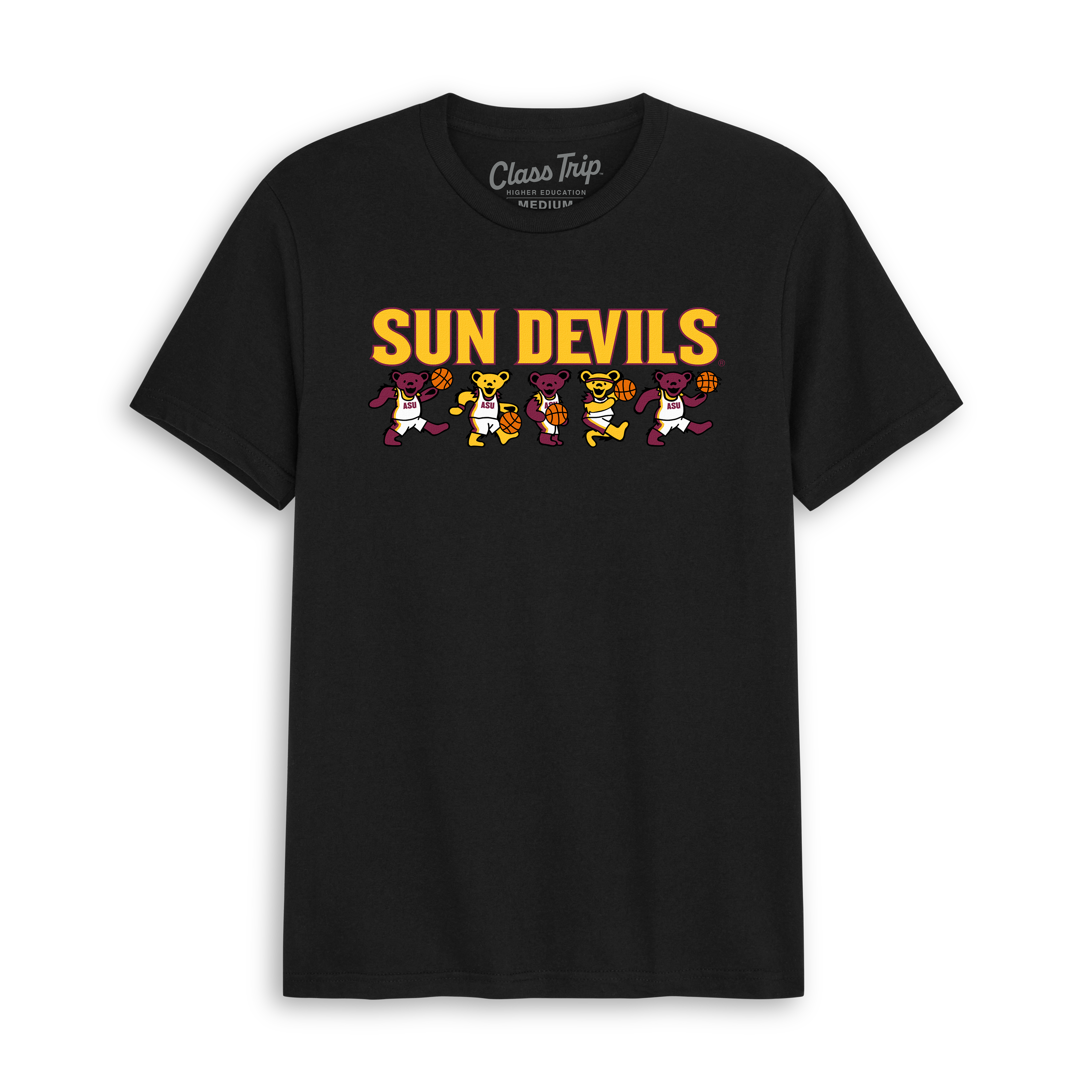 Black t-shirt with 'Sun Devils' text and cartoon basketball bears. Class Trip | Officially Licensed Collegiate Apparel