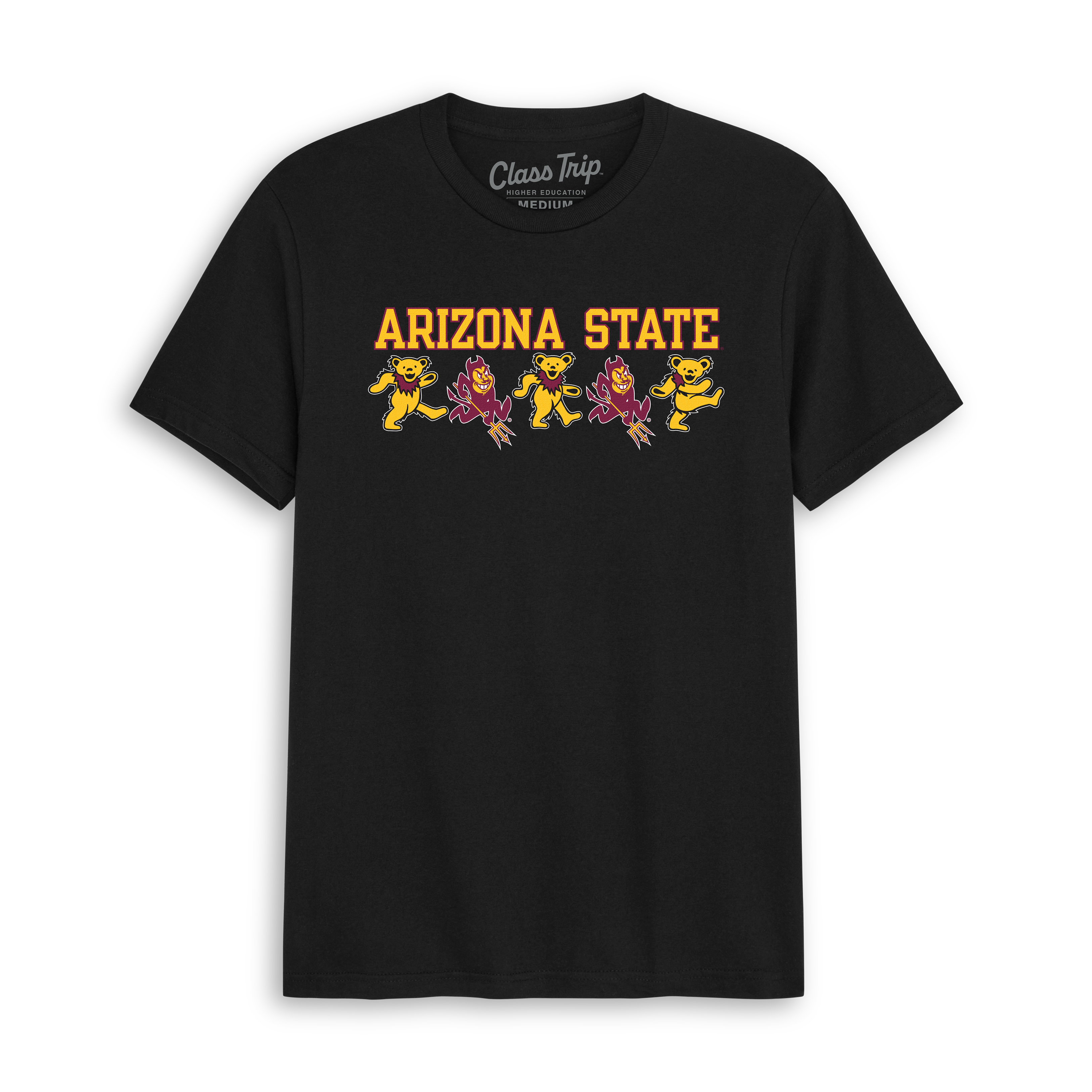 Black Arizona State t-shirt with Grateful Dead mascot bears and Sparky mascot graphics, Class Trip | Officially Licensed Collegiate Apparel