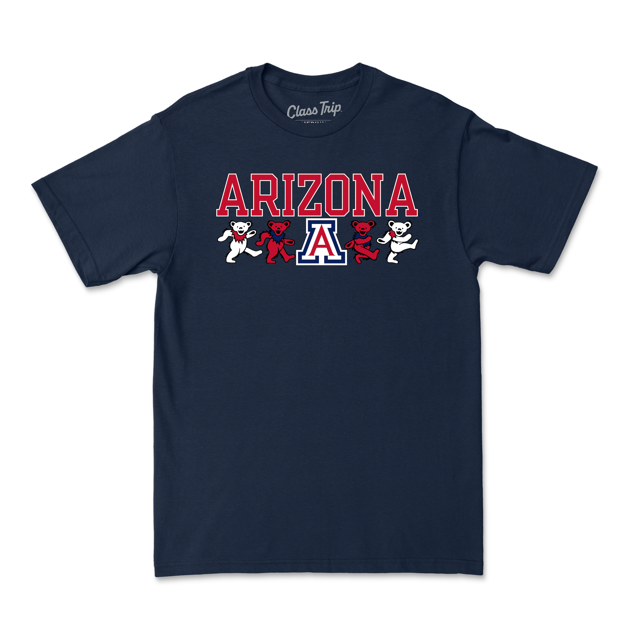Navy Arizona t-shirt with mascot bears and red-white lettering, collegiate style. Class Trip | Officially Licensed Collegiate Apparel