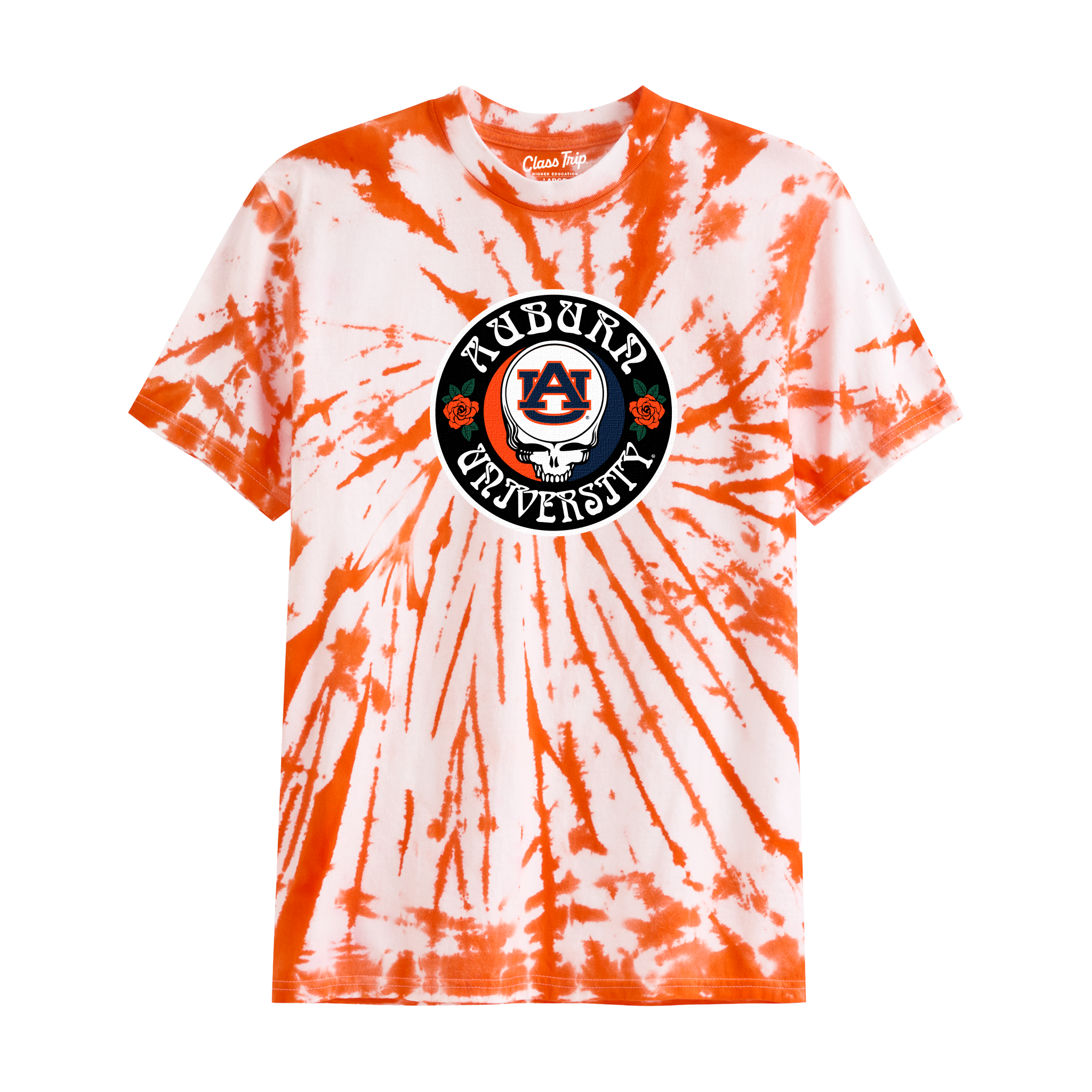 Auburn University orange tie dye t-shirt with skull and roses graphic, collegiate tee. Class Trip | Officially Licensed Collegiate Apparel