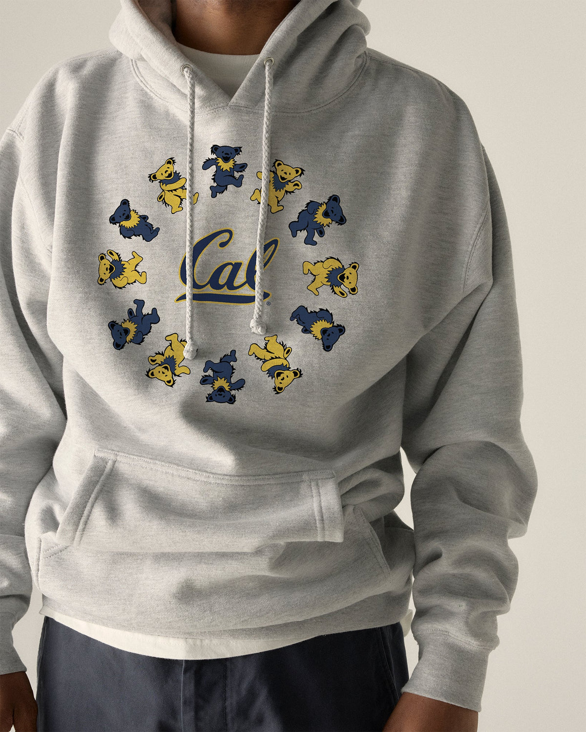 Model wearing the Heather Grey Cal Berkeley x Grateful Dead Circle Bears Hoodie, front view. Class Trip | Higher Education