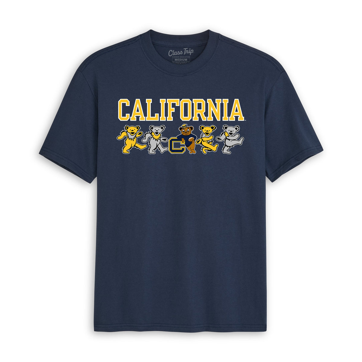 Front flat lay of the Navy Cal Berkeley x Grateful Dead Mascot Bears Tee. Class Trip | Higher Education