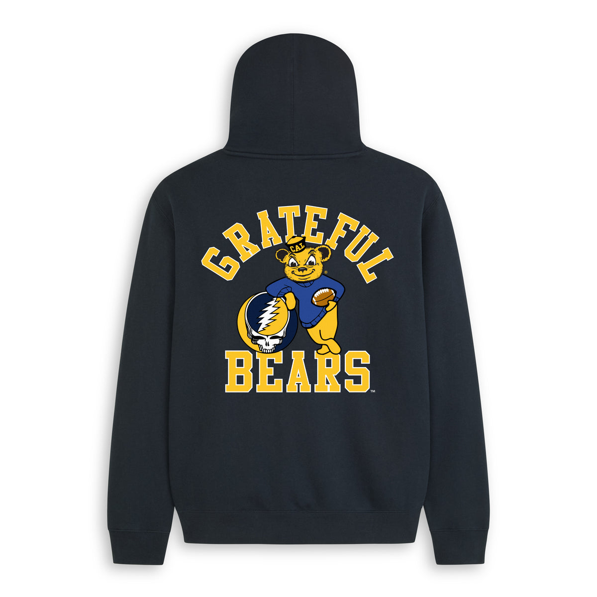 Back flat lay of the Navy Cal Berkeley x Grateful Dead Grateful Bears Hoodie. Class Trip | Higher Education