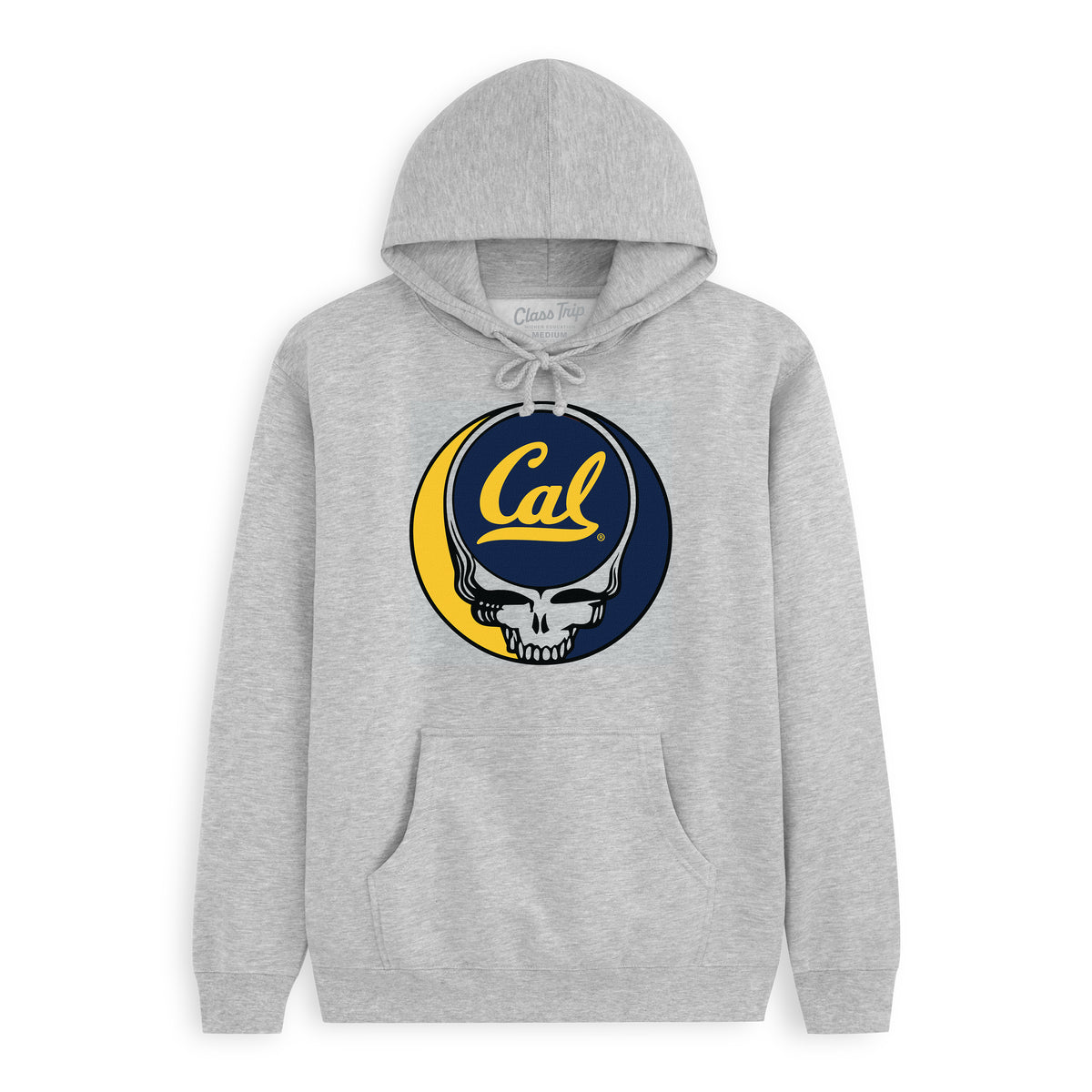 Front flat lay of the Heather Grey Cal Berkeley x Grateful Dead Steal Your Face Hoodie. Class Trip | Higher Education