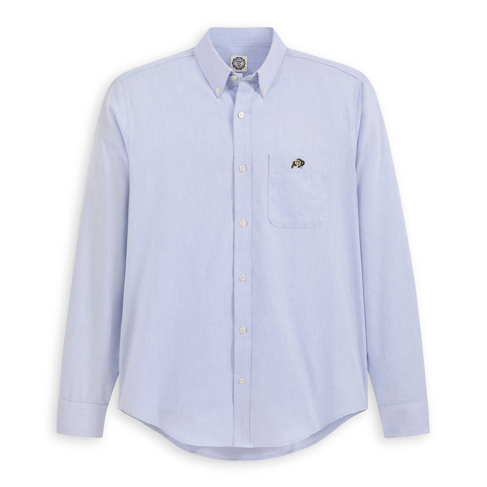 Men's light blue long sleeve Oxford shirt with embroidered collegiate logo on chest pocket, Class Trip | Officially Licensed Collegiate Apparel