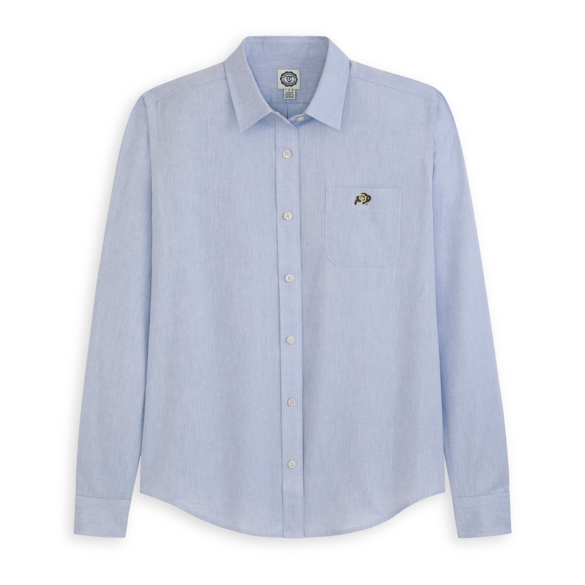Women's light blue oxford shirt with embroidered university logo on pocket, long sleeves. Class Trip | Officially Licensed Collegiate Apparel