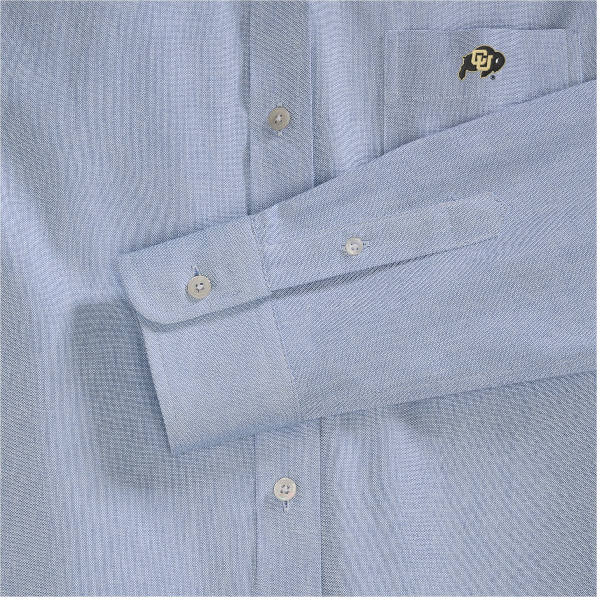 Women's oxford blue button-up shirt with embroidered collegiate logo on pocket, Class Trip | Officially Licensed Collegiate Apparel