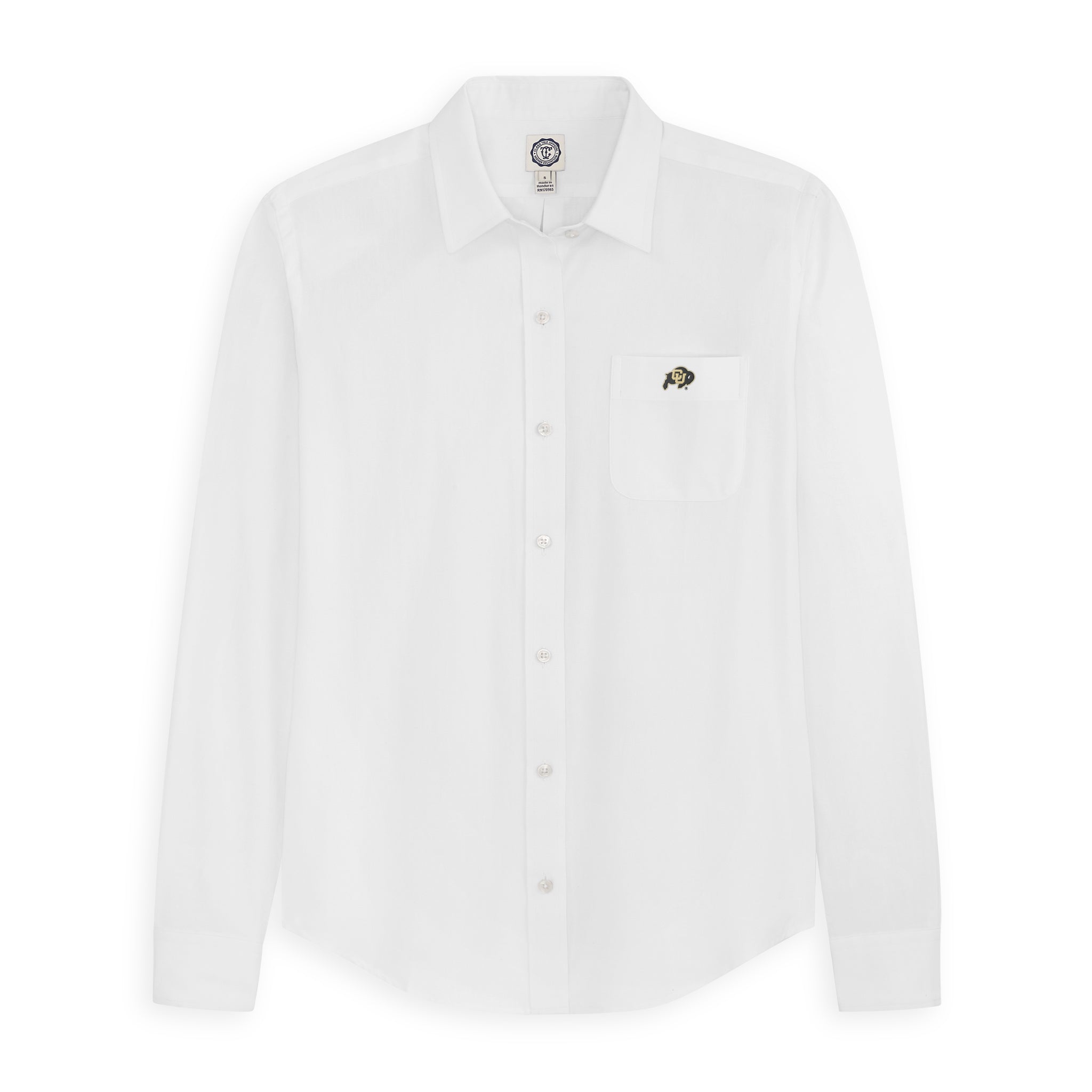 Women's white oxford button-down shirt with embroidered collegiate logo on chest pocket. Class Trip | Officially Licensed Collegiate Apparel