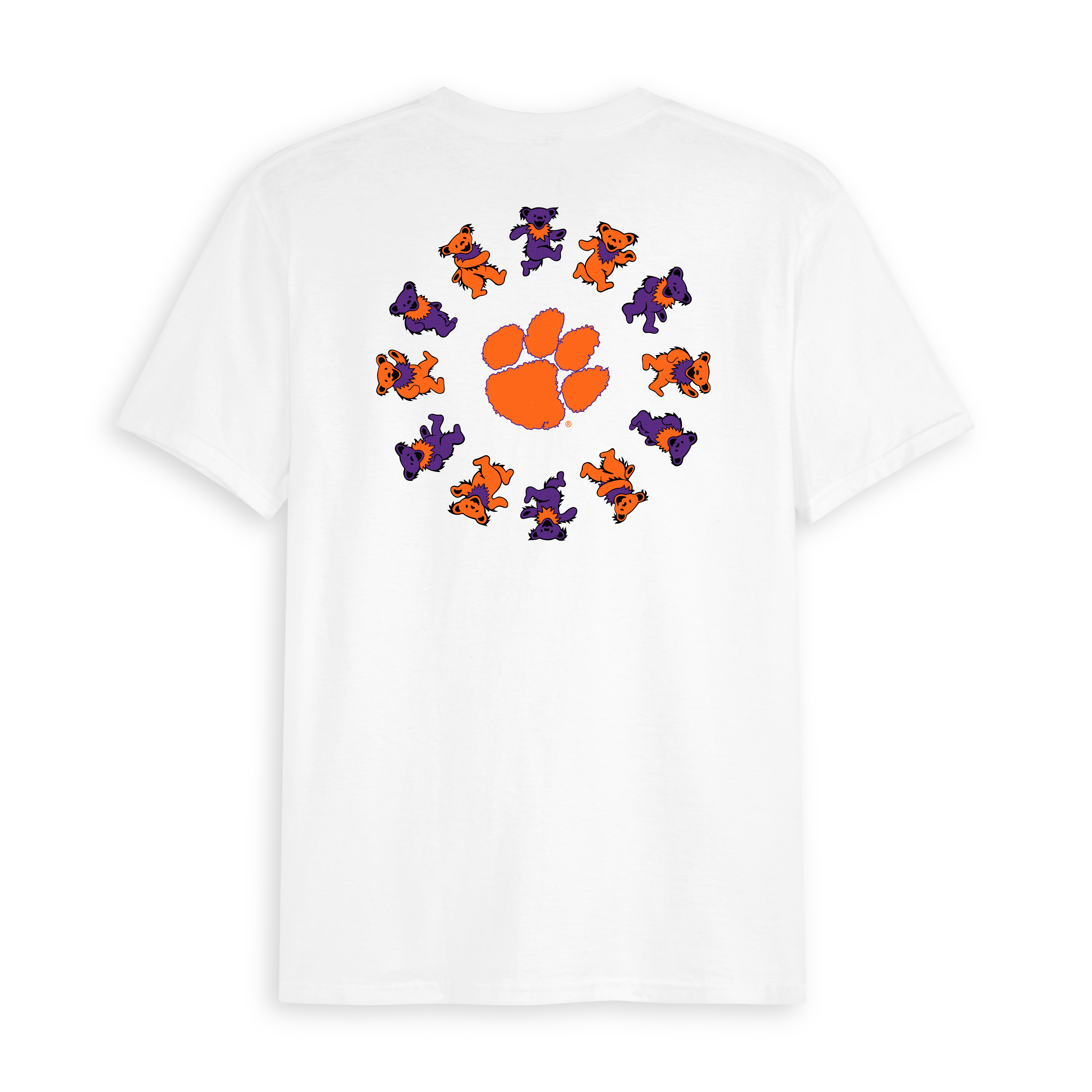 White t-shirt featuring orange paw print and dancing bears graphic, collegiate tee. Class Trip | Officially Licensed Collegiate Apparel