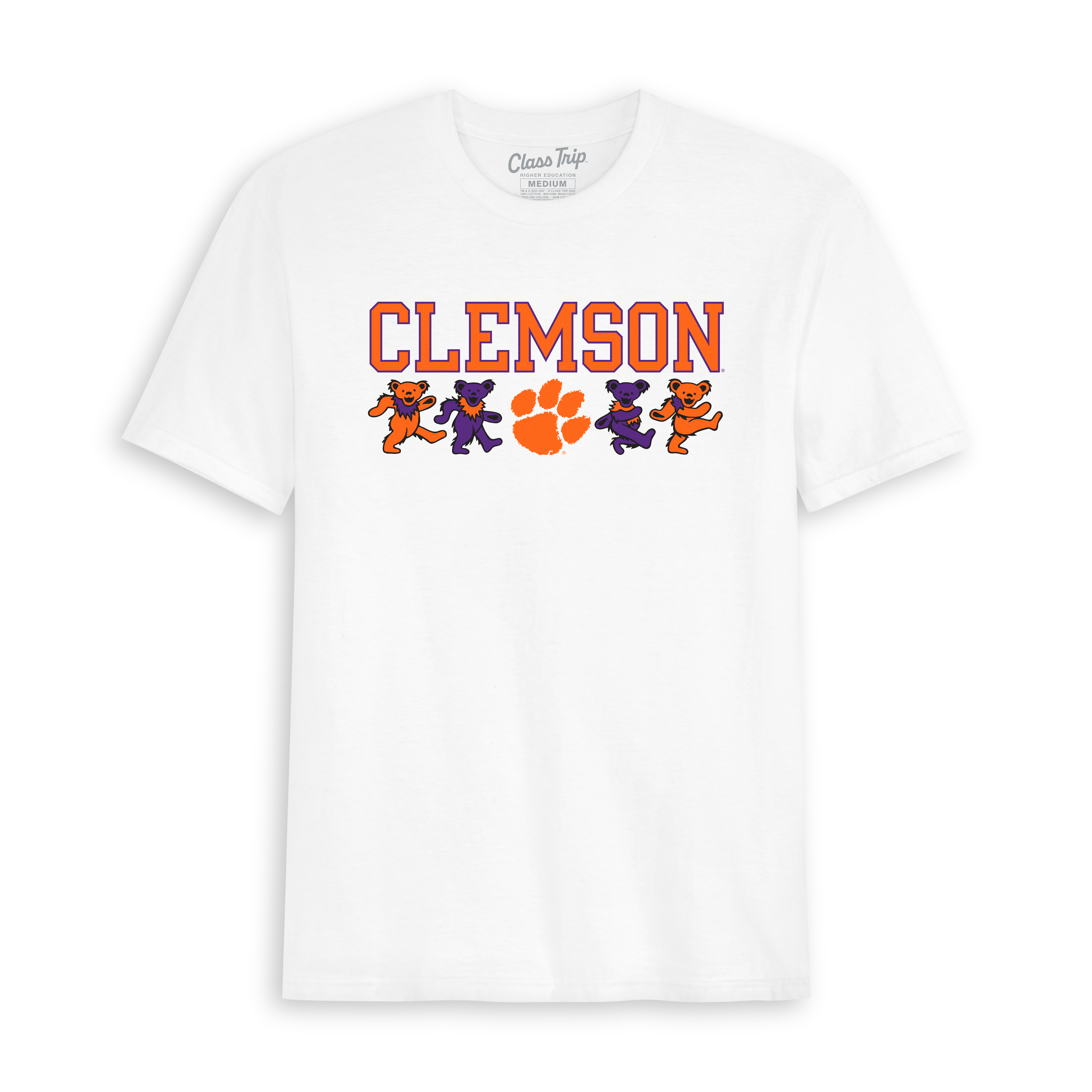 White Clemson tee with dancing mascot bears and orange paw logo, collegiate graphic shirt. Class Trip | Officially Licensed Collegiate Apparel