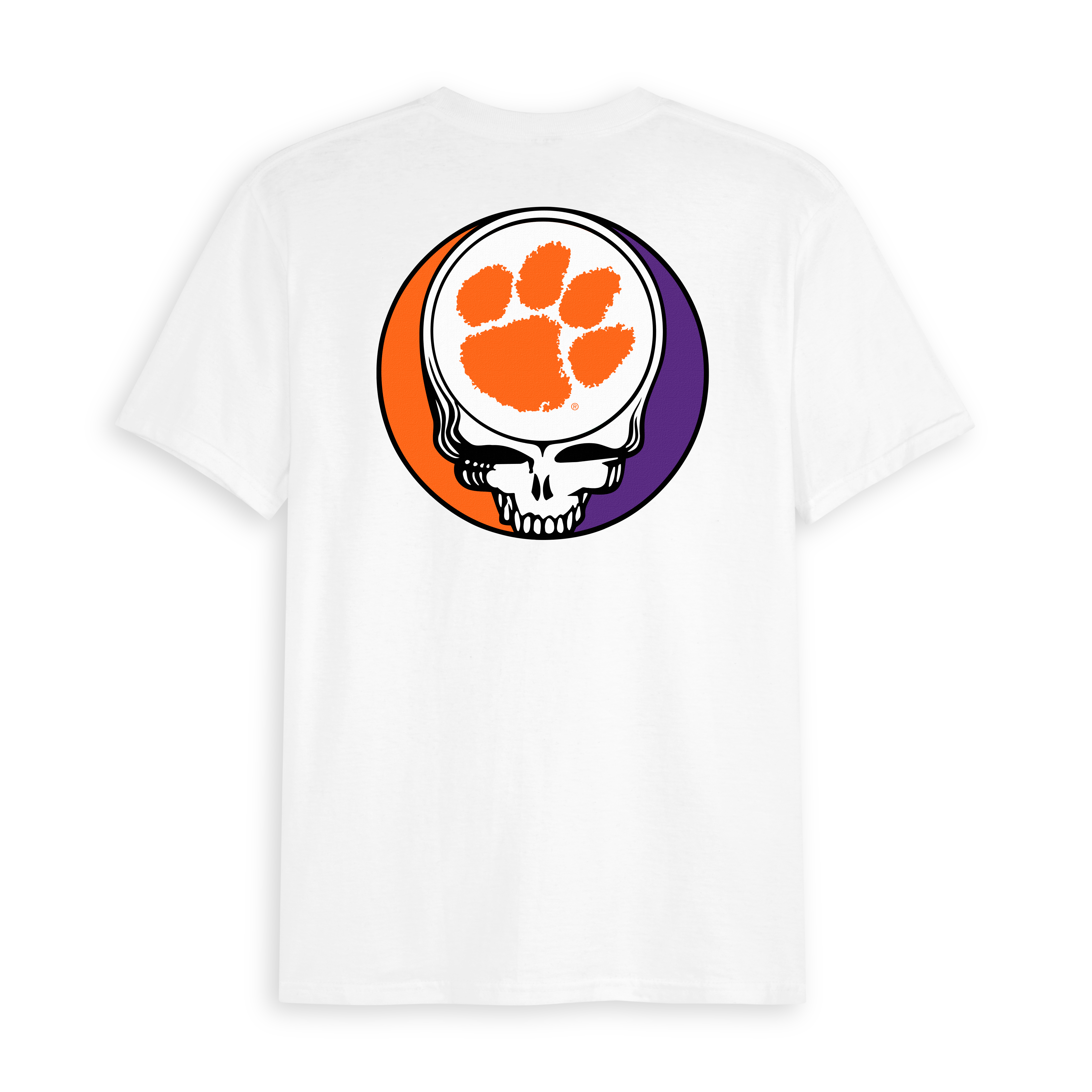 White t-shirt with orange and purple skull and paw print graphic on back. Class Trip | Officially Licensed Collegiate Apparel