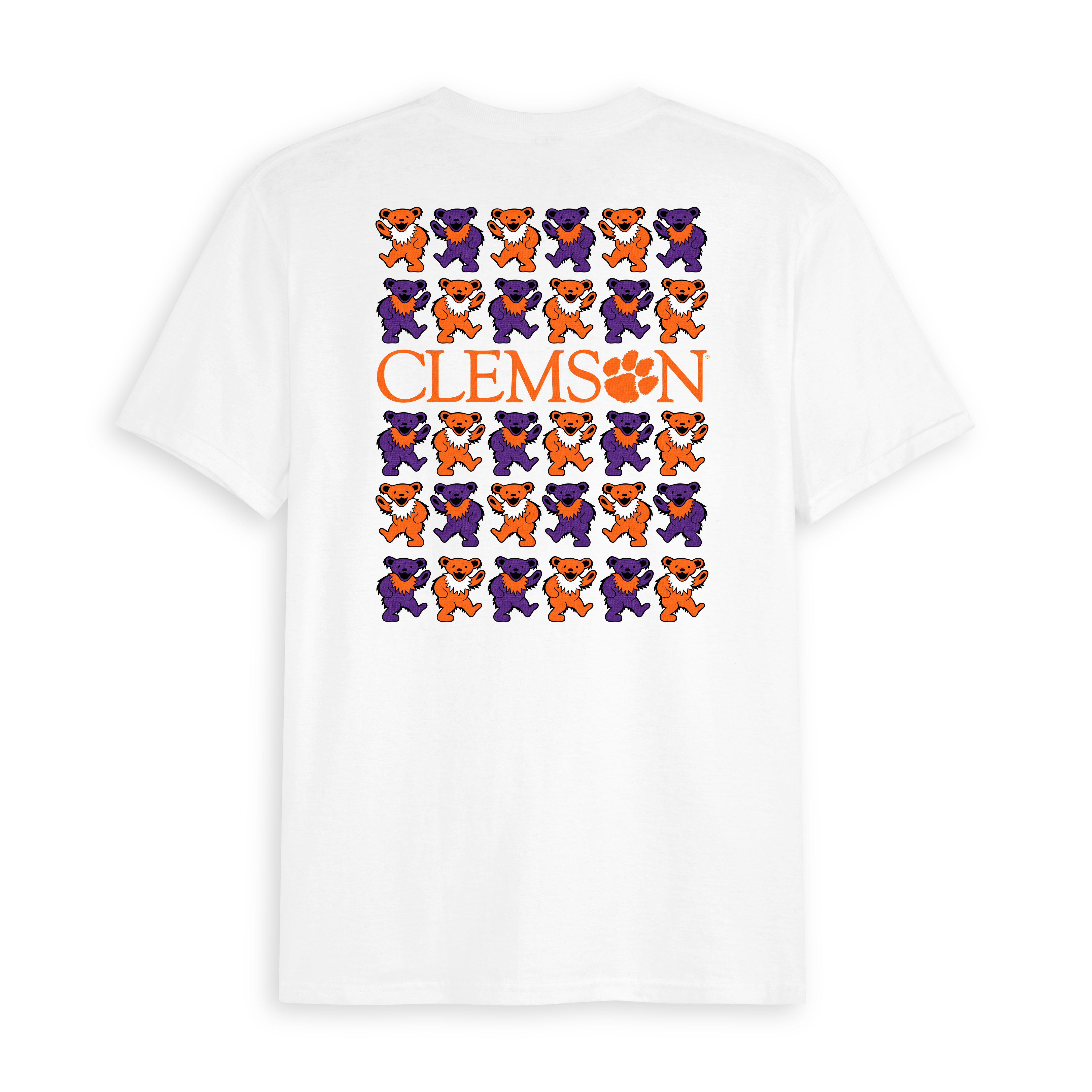 White t-shirt with rows of orange and purple dancing bears and bold Clemson lettering on back. Class Trip | Officially Licensed Collegiate Apparel
