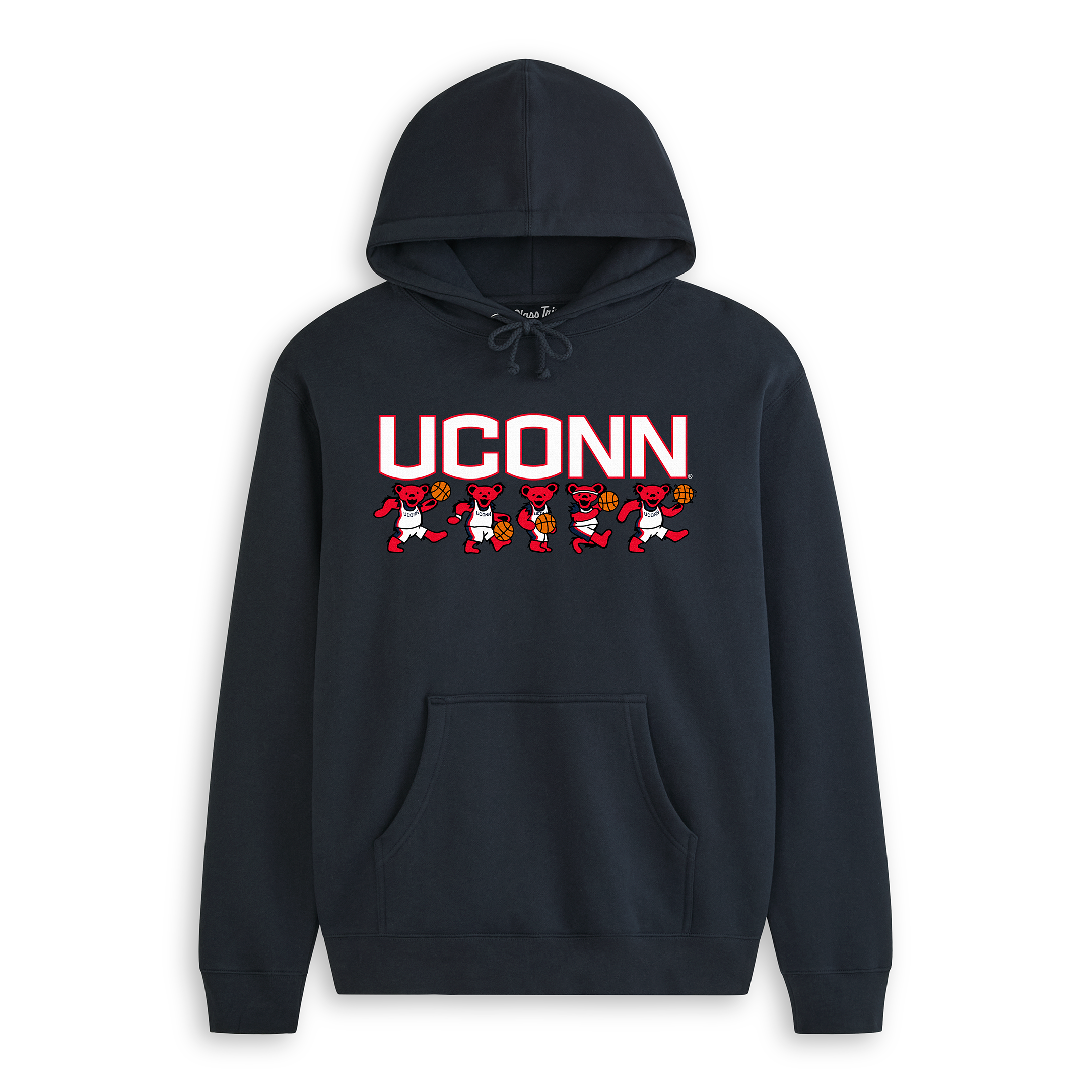 Navy UCONN hoodie with red Grateful Dead basketball bears graphic. Class Trip | Officially Licensed Collegiate Apparel