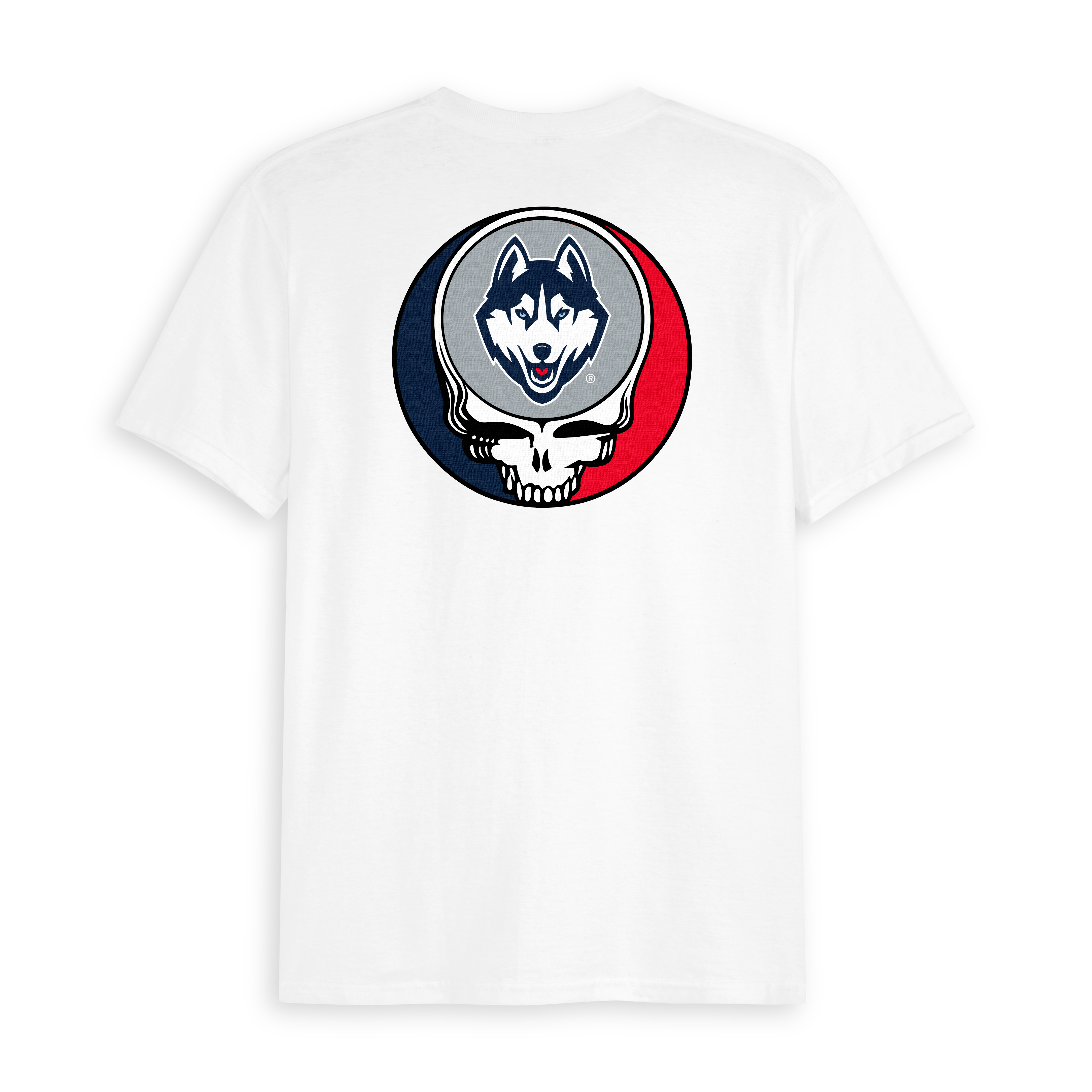 White tee with UConn Huskies Grateful Dead SYF skull logo on back. Class Trip | Officially Licensed Collegiate Apparel