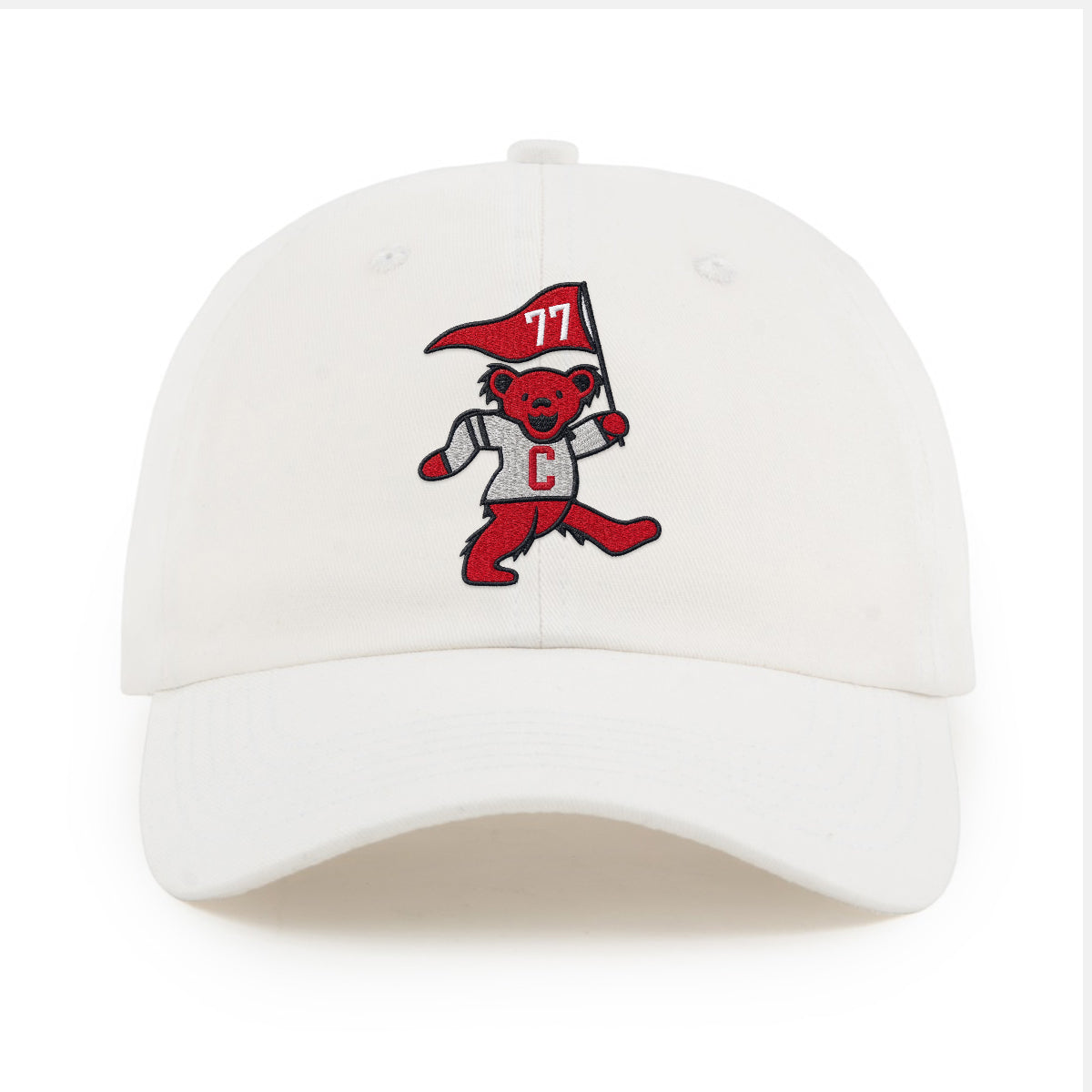 White cap with red bear mascot holding '77' flag, wearing 'C' jersey | Class Trip | Officially Licensed Collegiate Apparel