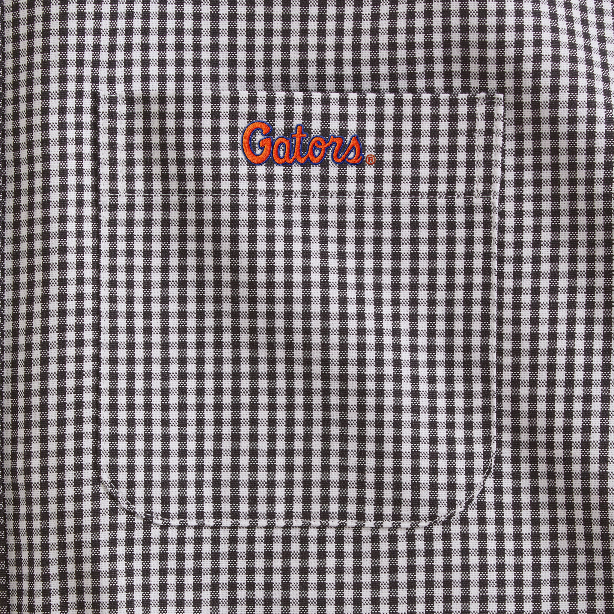 Black and white checked shirt pocket with Gators logo embroidery. Class Trip | Officially Licensed Collegiate Apparel