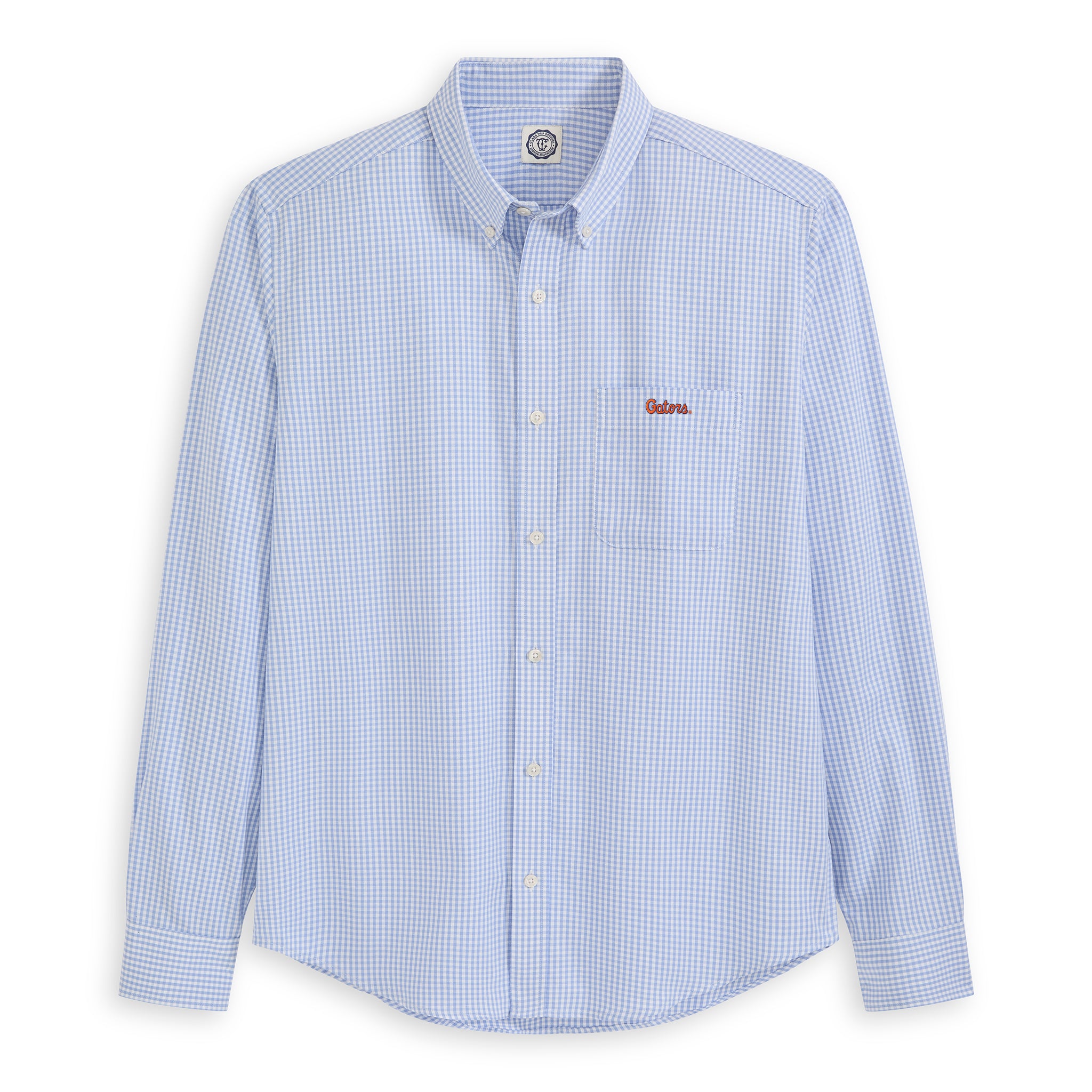 Men's Oxford blue check button-down shirt with collegiate embroidery, long sleeves, Class Trip | Officially Licensed Collegiate Apparel