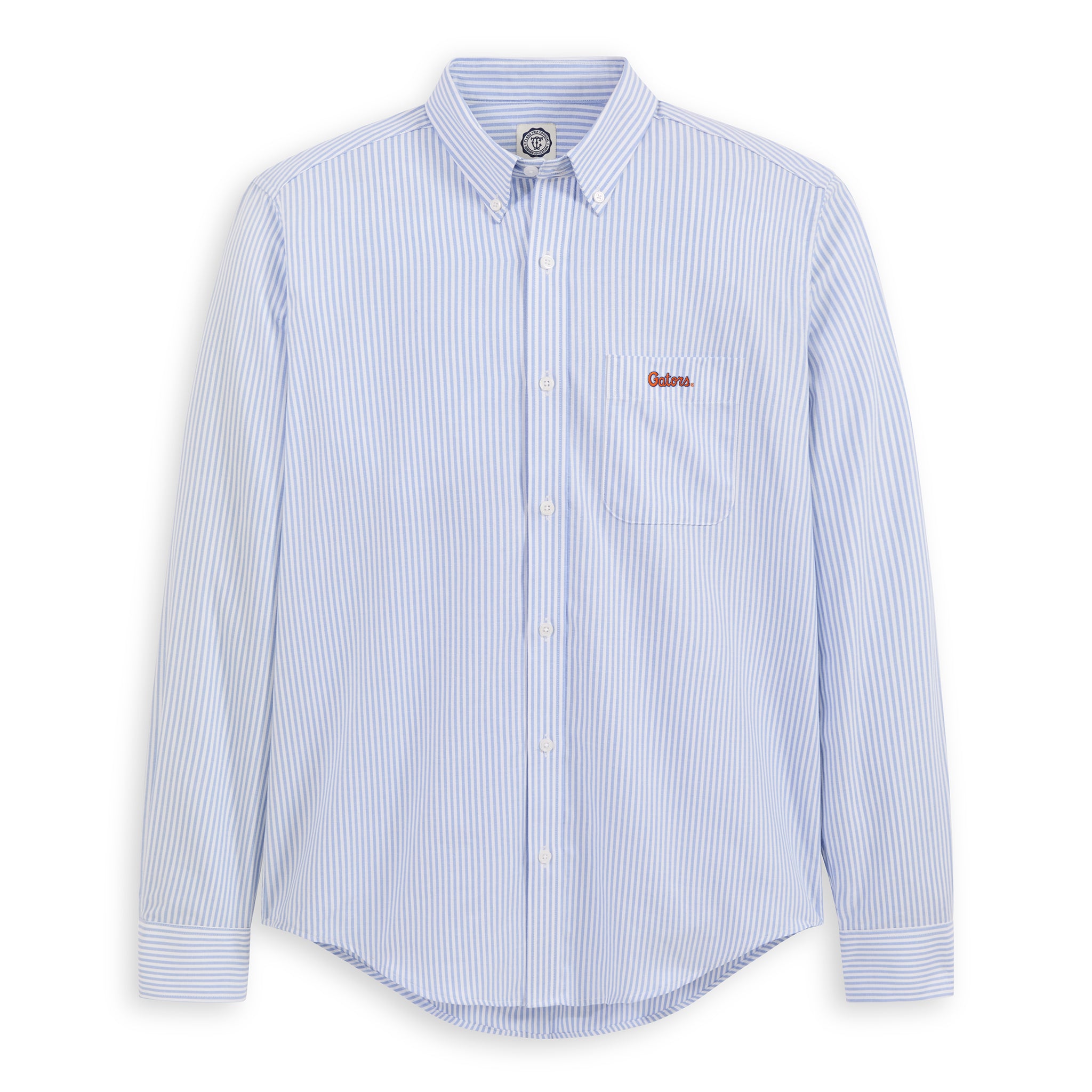 Men's oxford blue striped button-down shirt with embroidered collegiate logo, long sleeves. Class Trip | Officially Licensed Collegiate Apparel