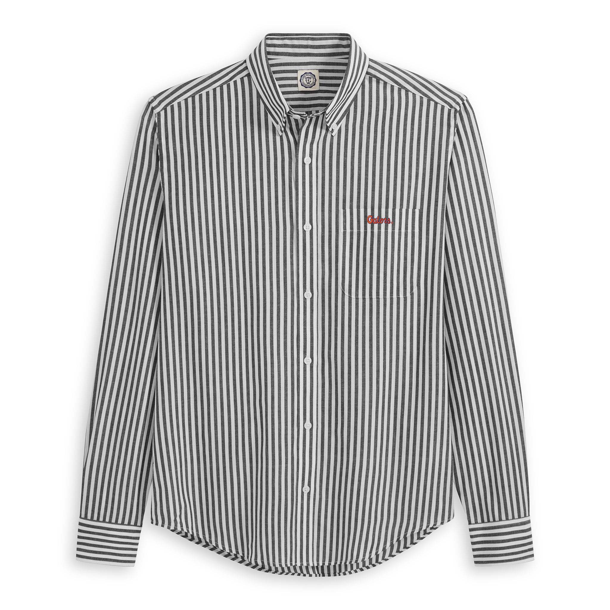 Men's black and white striped poplin button-down shirt with chest logo. Class Trip | Officially Licensed Collegiate Apparel