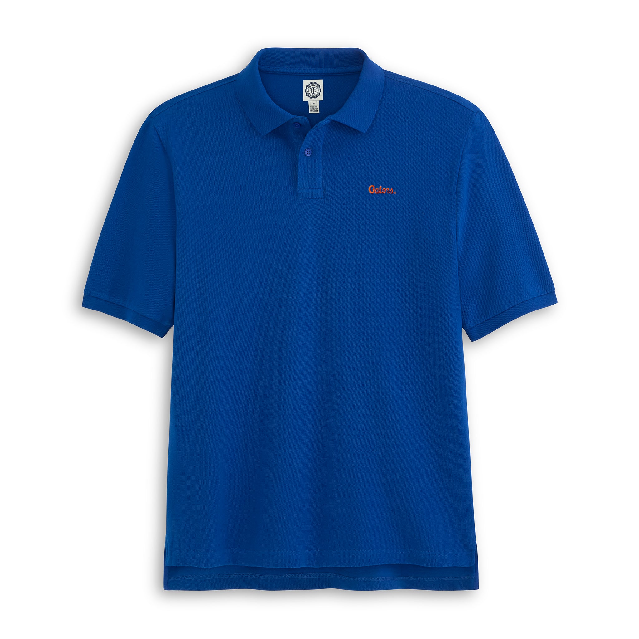 Royal blue collegiate polo shirt with 'Gators' embroidered on chest, short sleeves. Class Trip | Officially Licensed Collegiate Apparel