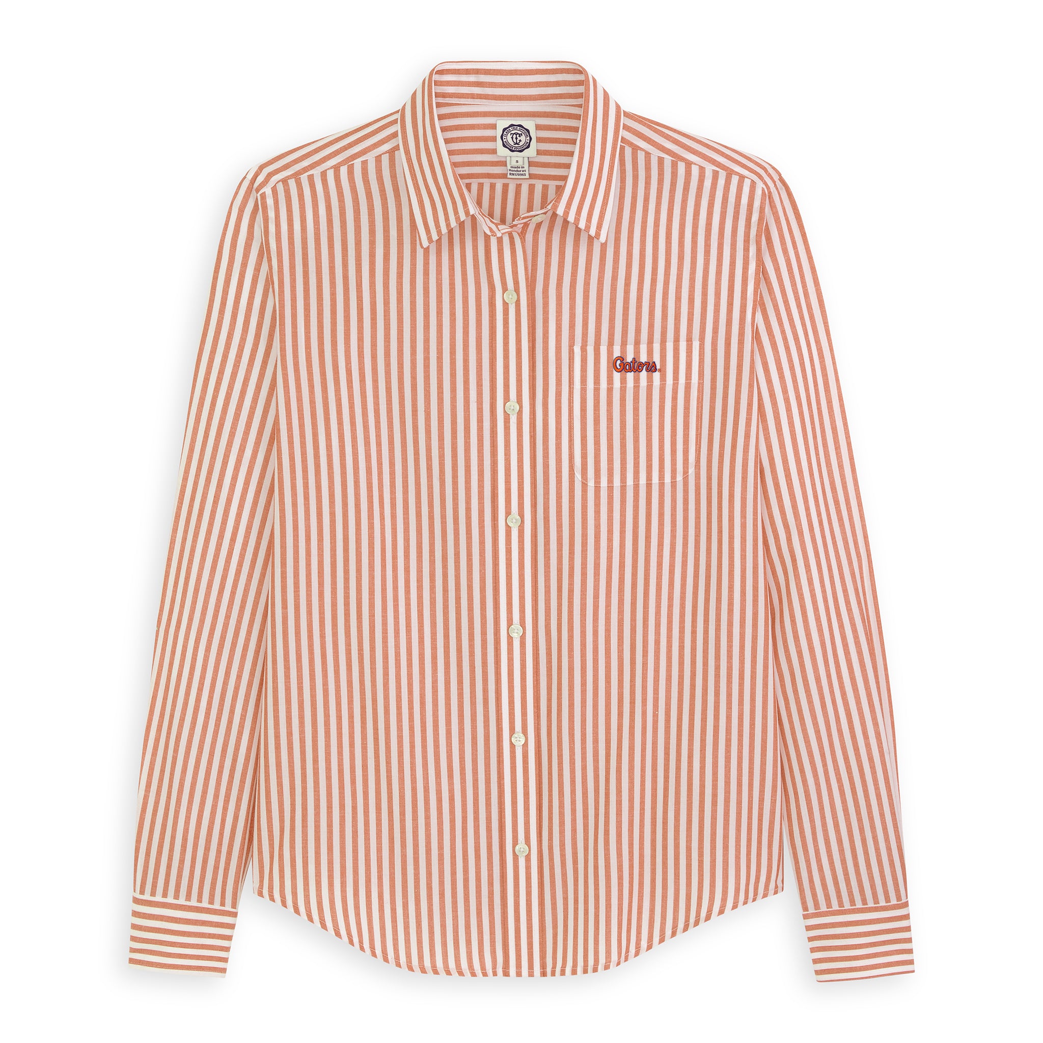 Women's orange and white striped button-down shirt, chest embroidery, long sleeves. Class Trip | Officially Licensed Collegiate Apparel