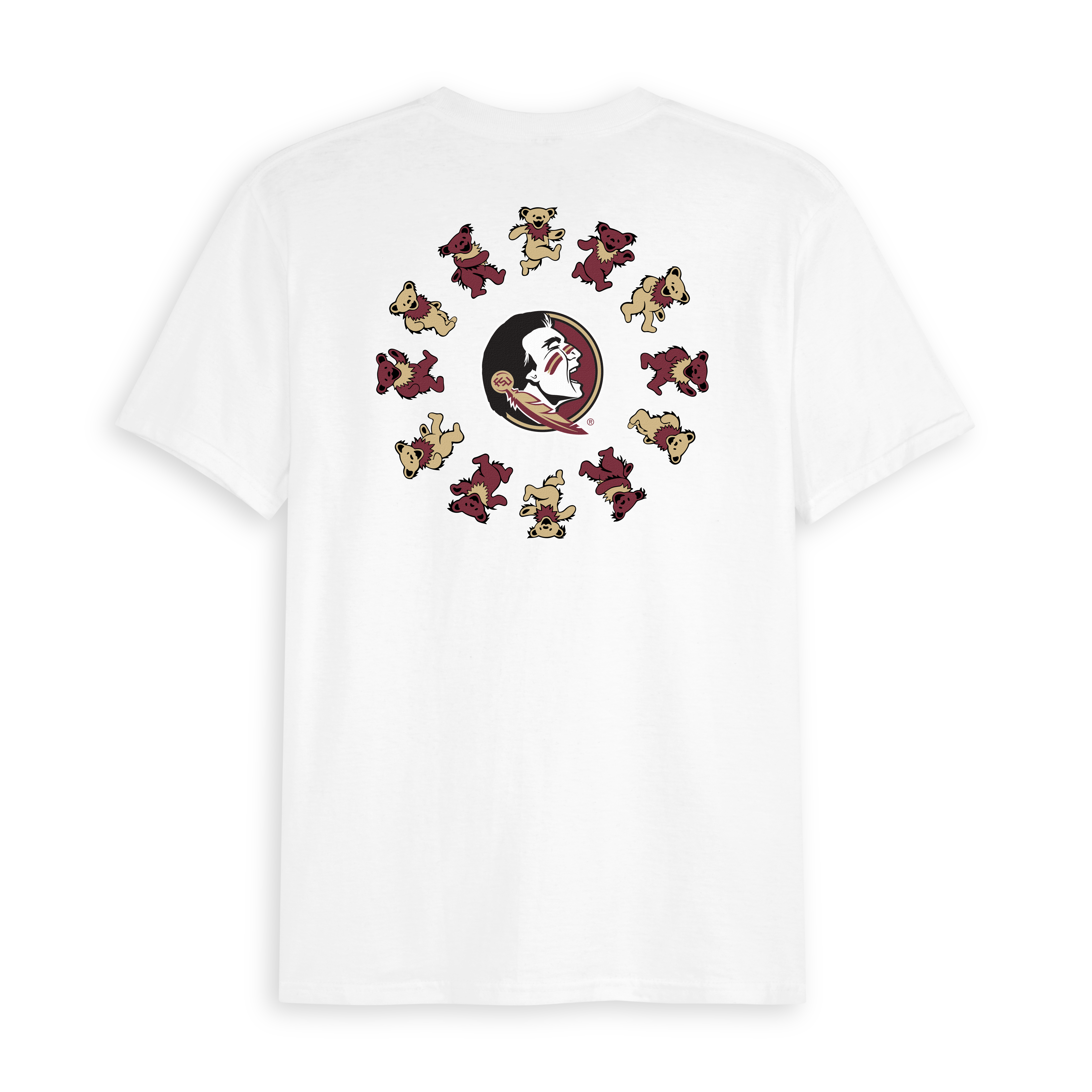 White collegiate t-shirt with Florida State logo and dancing bears graphic on back. Class Trip | Officially Licensed Collegiate Apparel