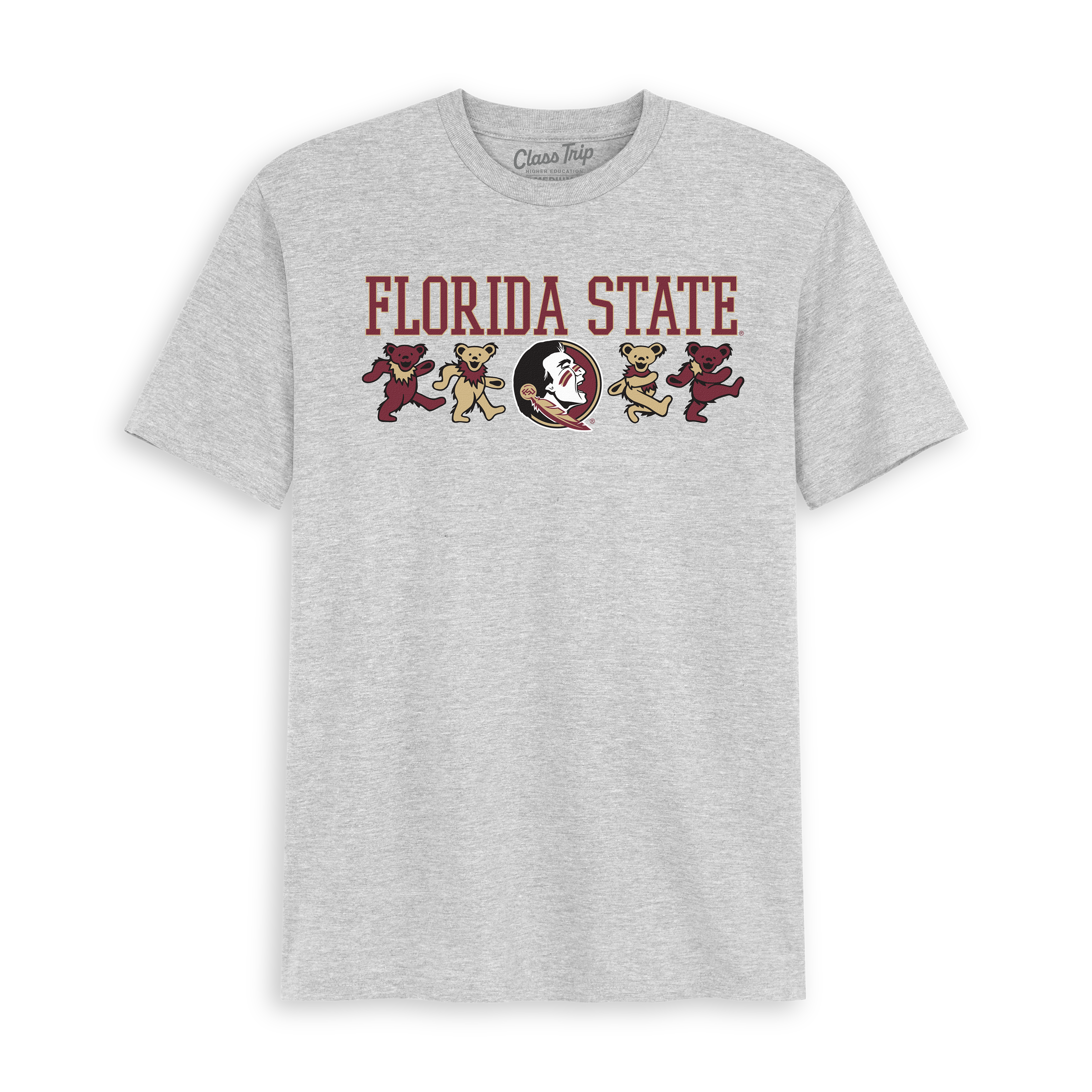 Heather gray Florida State t-shirt with Grateful Dead dancing bears and collegiate logo. Class Trip | Officially Licensed Collegiate Apparel