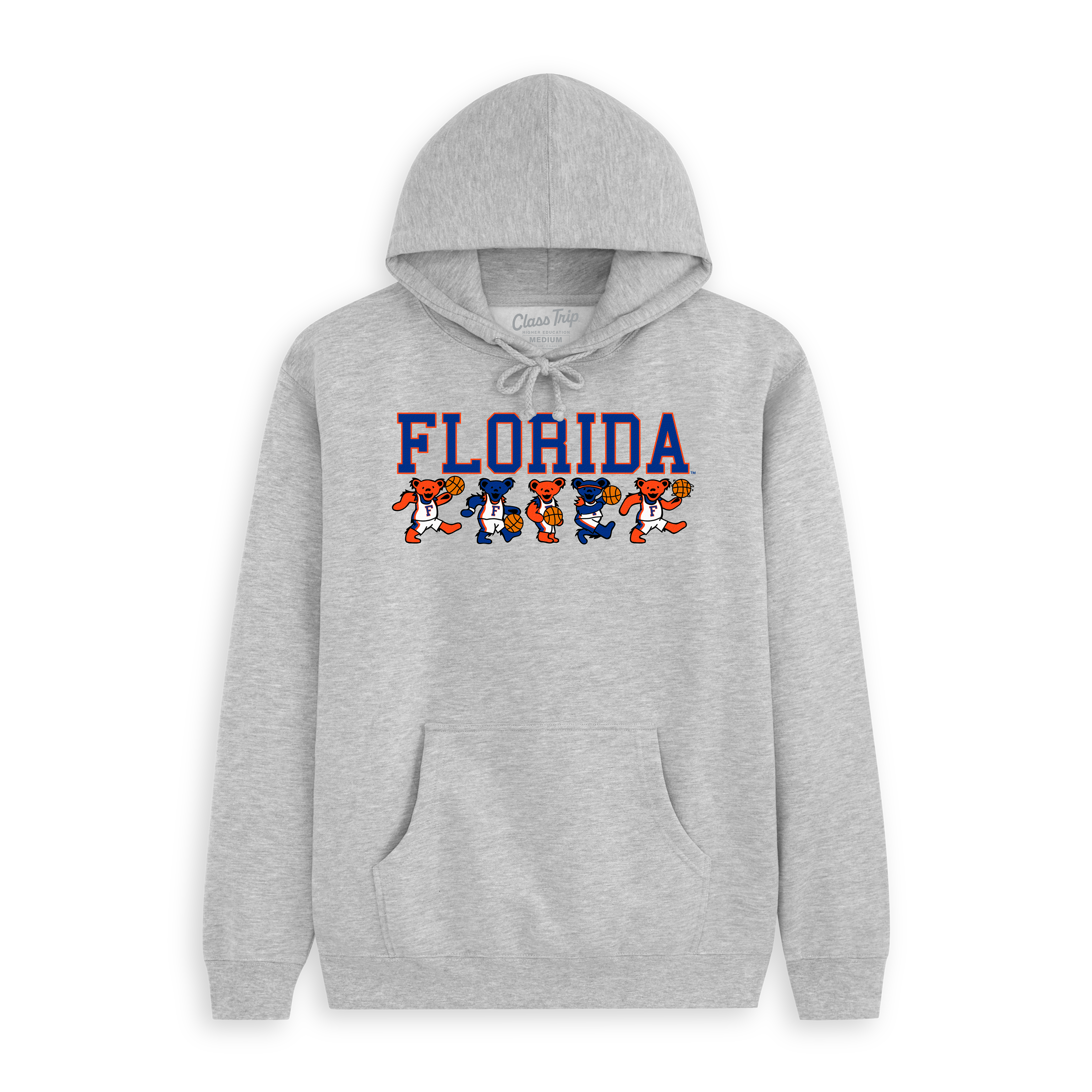 Gray Florida hoodie with colorful basketball bears graphic and bold collegiate text. Class Trip | Officially Licensed Collegiate Apparel